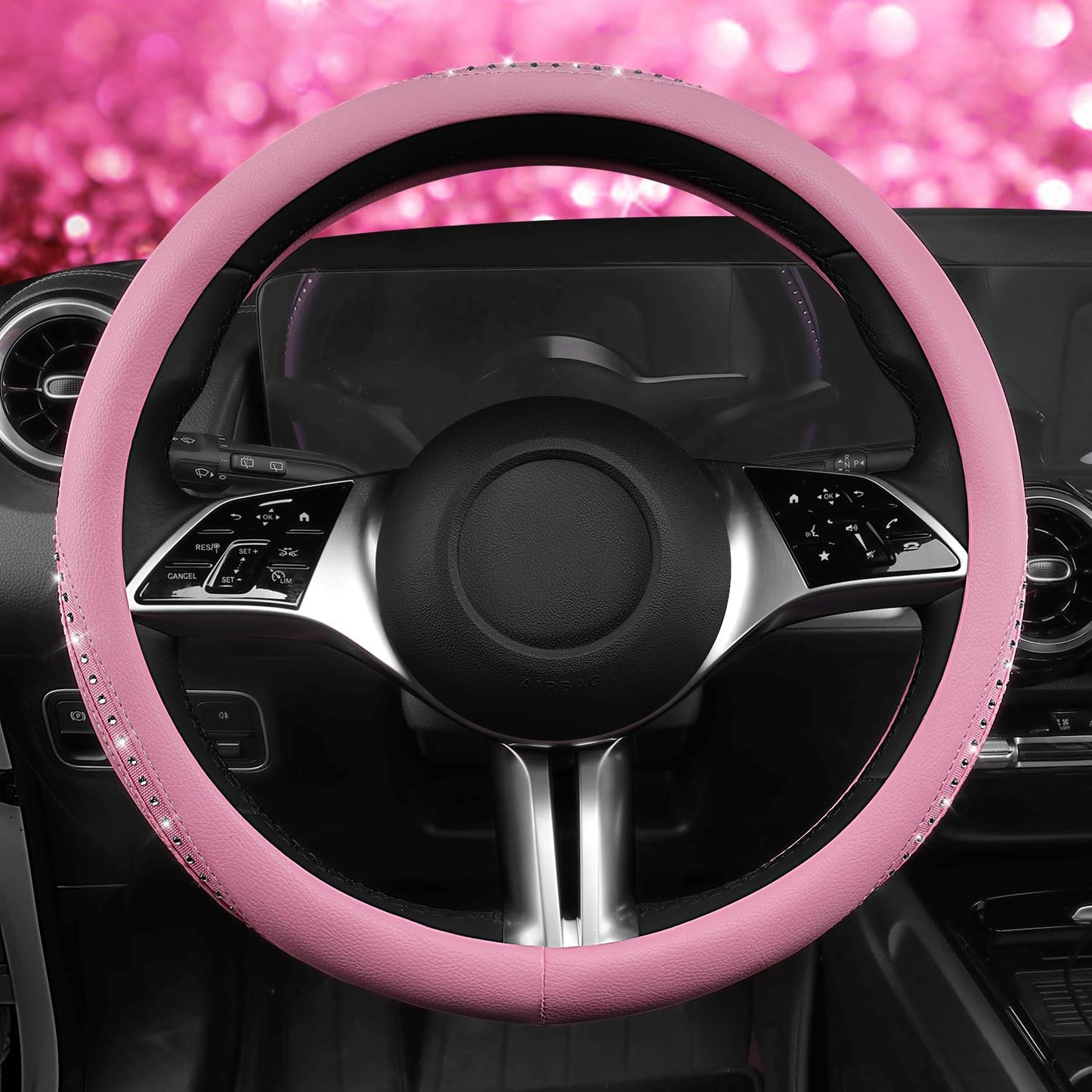 CAR PASS Bling Diamond Pink Leather Steering Wheel Cover, Studded Shining Rhinestones Universal Fit 14" 1/2-15" Glitter Sparkly Crystal Fit for Women Girl SUV,Vans,Sedans,Car,Trucks, Pink Diamond