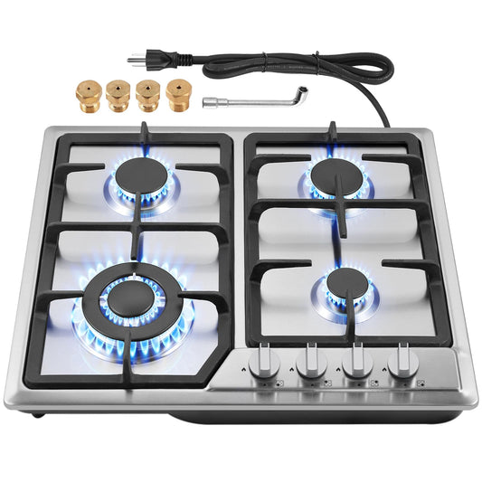 Alemania 24 Inch Built-in Gas Stove with 4 Burners, Stainless Steel Cooktop with Cast Iron Racks, NG/LPG Compatible Hob for Modern Kitchen