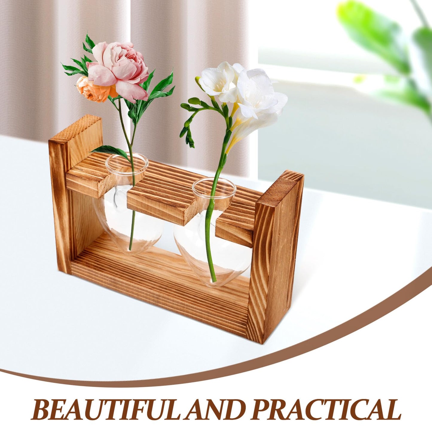 Abaodam Heart Shaped Hydroponic Glass Vase with Wooden Frame Stand, Desktop Plant Propagation Station for Indoor Terrarium and Flower Centerpiece Decor