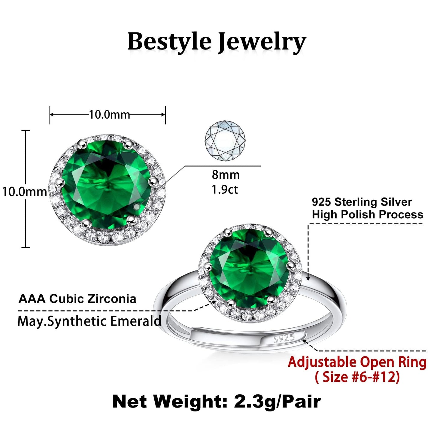 Bestyle Round May Emerald Birthstone Rings Embellished with White Cubic Zirconia Minimalist Sterling Silver Open Band Gemstone Rings for Birthday/Christmas/Party/Anniversary/Wedding
