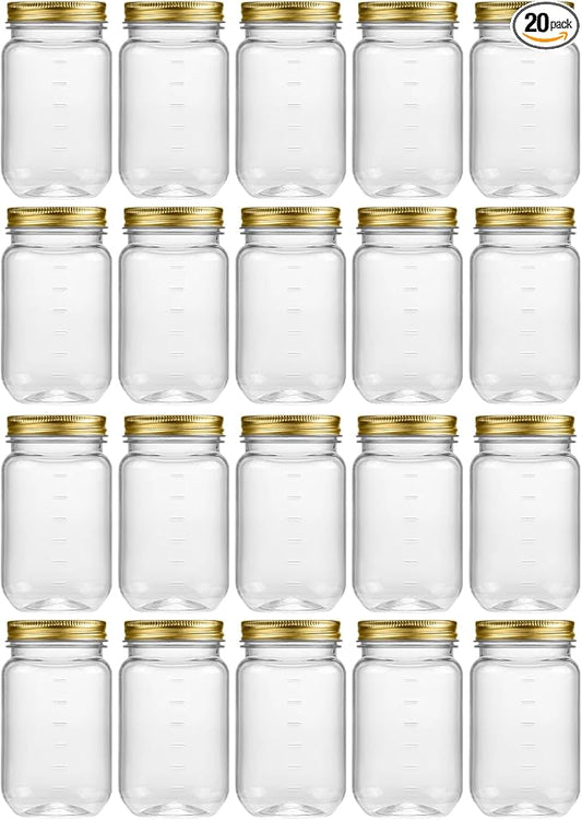 novelinks 16 oz Clear Plastic Jars with Lids, Refillable 16oz Mason Jars with Lids & Storage Containers for Kitchen & Household Use (20 Pack,Gold)