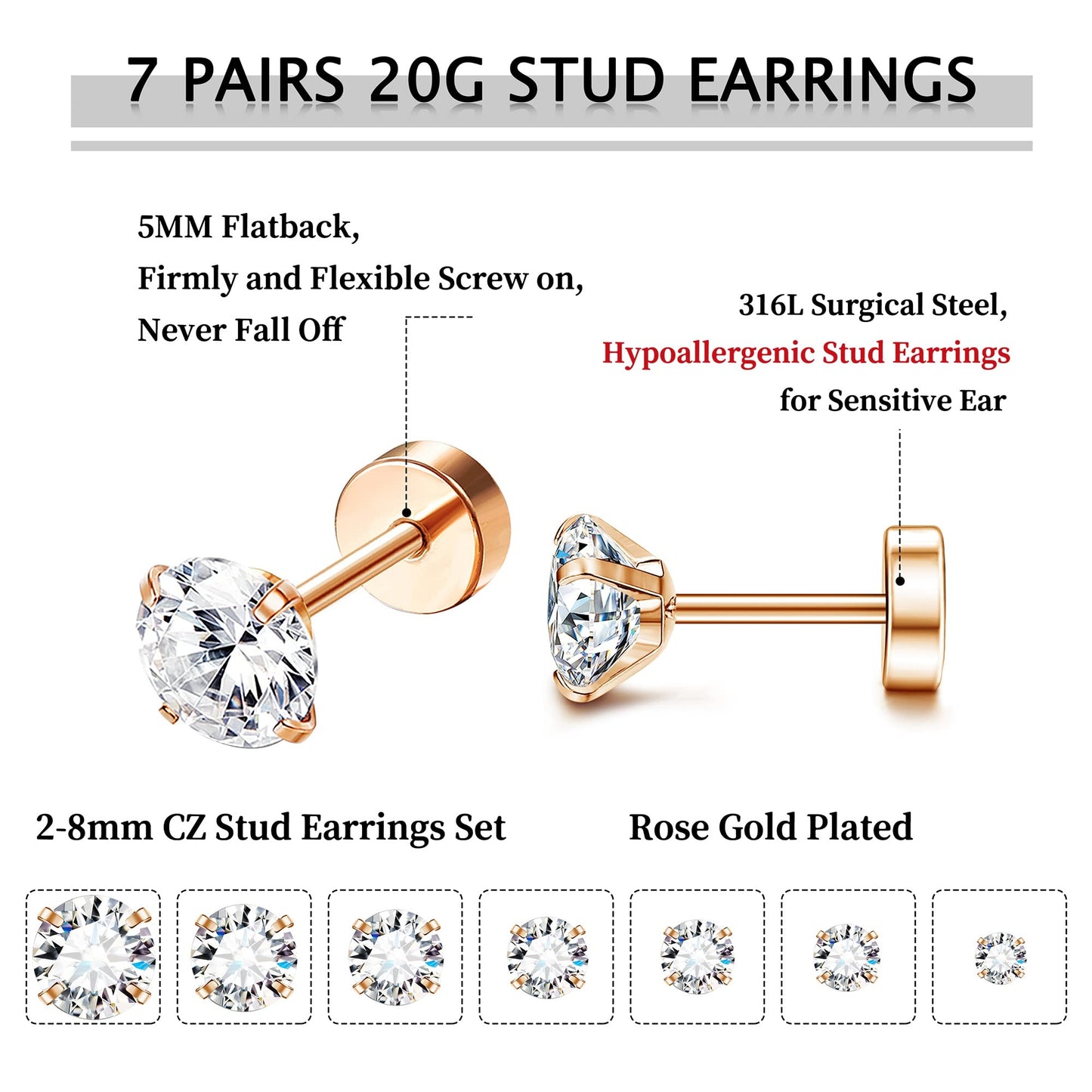 Fansilver 20G Hypoallergenic Flat Back Earrings for Women Men Silver 14K Gold Stainless Steel Stud Earrings Birthstone Cubic Zirconia Studs Surgical Steel Cartilage Earrings for Sensitive Ears
