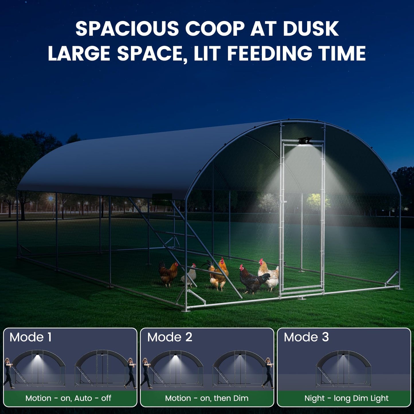 Chicken Coop Large Metal Chicken Run with Full-Top Waterproof Cover - Chicken House for 24/30 Chickens, Poultry Cage with Solar Light, Backside Poles, Walk-in Pen for Rabbits Ducks Yard 3 Room