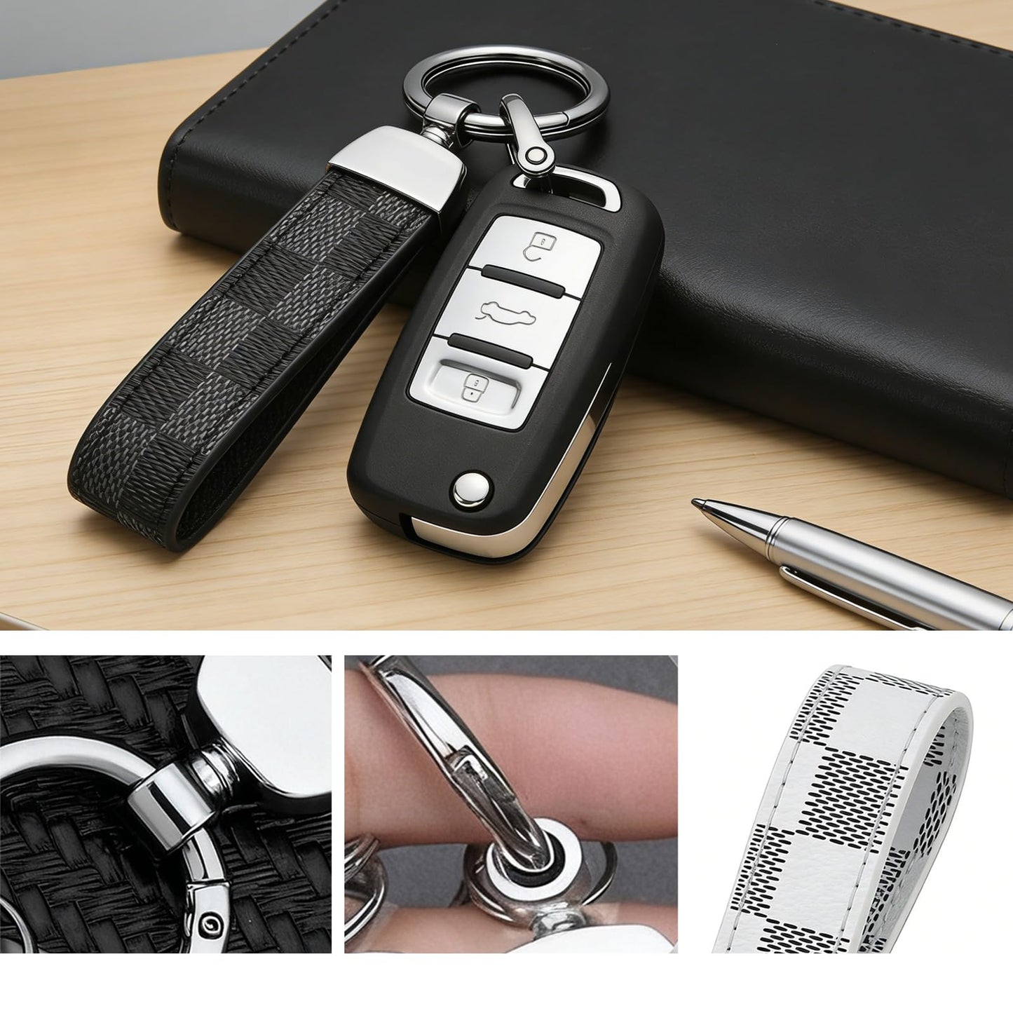 3-Pack Leather Car Keychains – Business Key Fob, Key Ring, Phone Pendant & Bag Charm for Women – Versatile Accessories for Office, Car & Travel – Ideal Gift for Professionals , Black, White & Pink