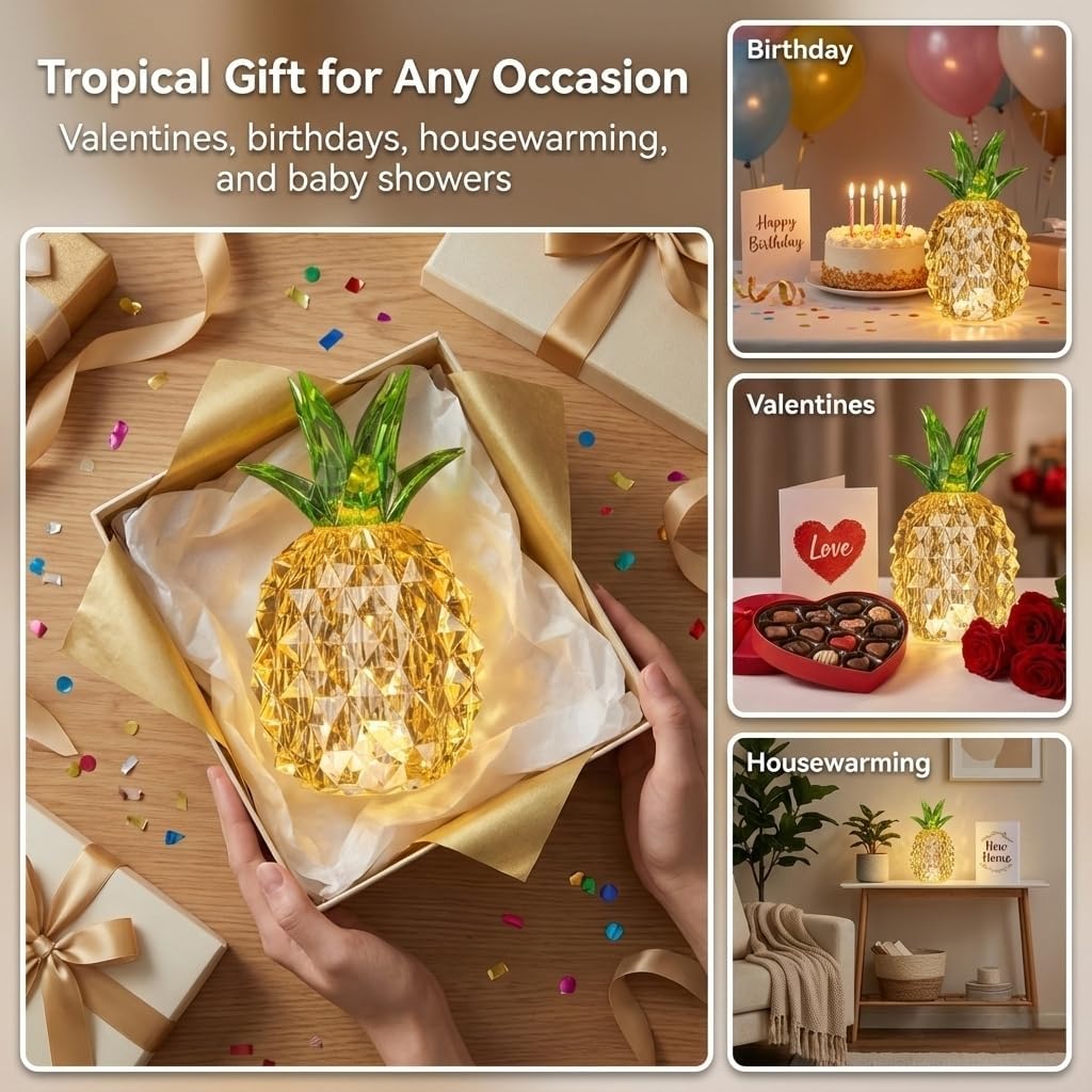 Pineapple Baby Night Light for Nursery, Battery Powered Pineapple Lamp for Home Living Room Bedroom Kitchen Office Decor, Crystal Tropical Decor Valentines Day Birthday Gifts for Him Her Kids Women
