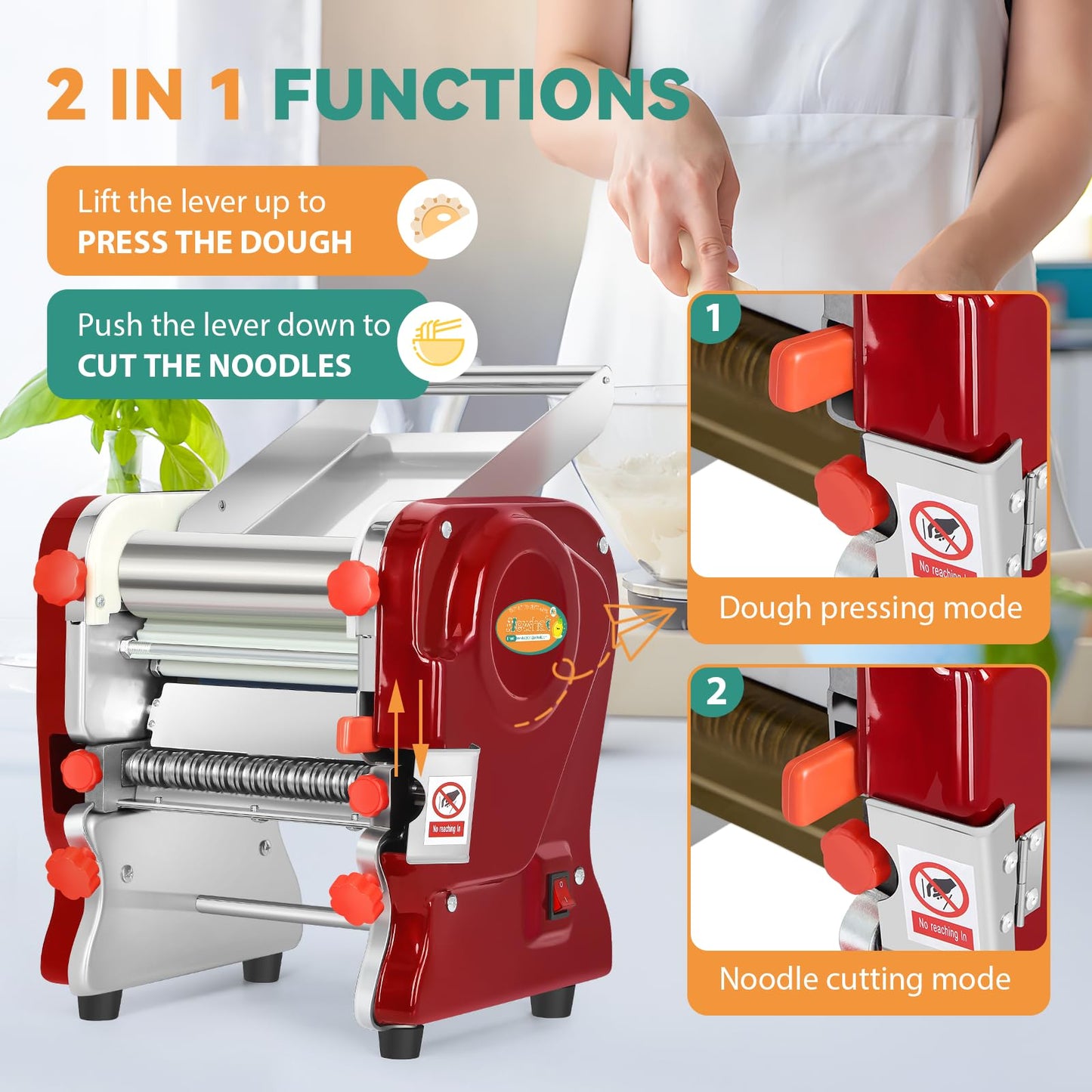 Newhai Commercial Electric Pasta Maker, Automatic Noodle Machine, 2-in-1 Heavy Duty Dough Roller Pressing Machine, with 2mm/6mm Blade, 550W Stainless Steel (with a 2mm/6mm dual use blade)