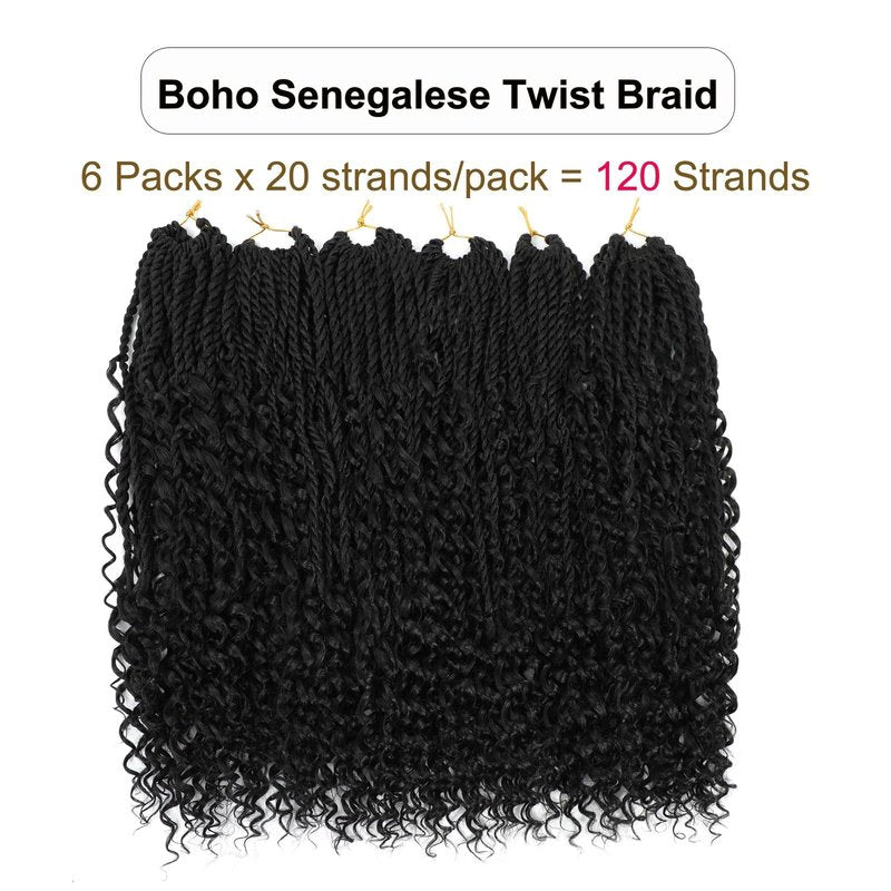 Goddess Twist Braids Crochet Hair With Curly Ends Senegalese Twist Braids Crochet Braids 6 Packs black Crochet Braids Synthetic Braiding Hair Extension for Black Women (18inch, 1B)