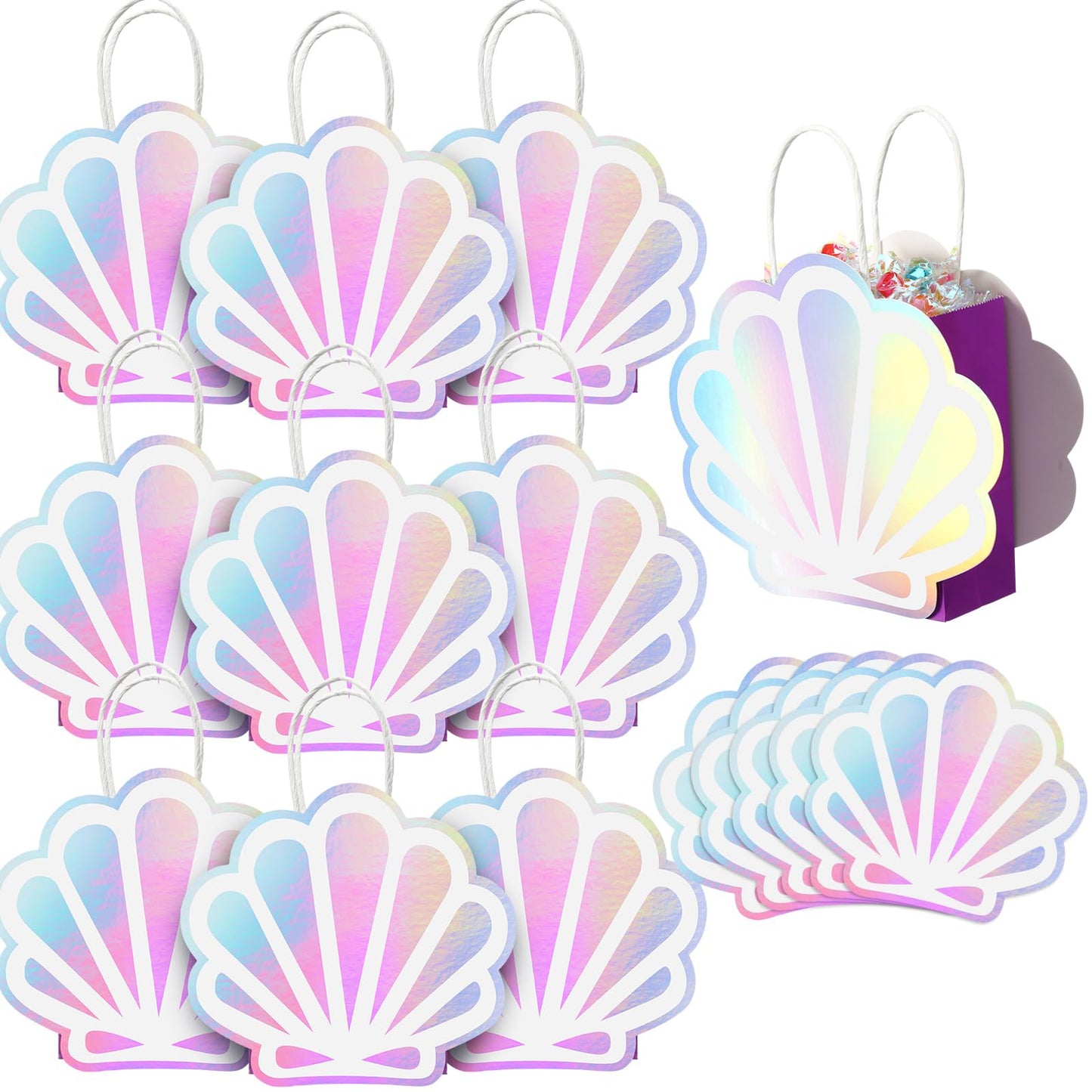 Locmeo 12 Pack Holographic Sea Shell Gift Bags Mermaid Party Favor Bags with Iridescent Shell Paper Cards for Mermaid Themed Supplies Ocean Under The Sea Party Favors