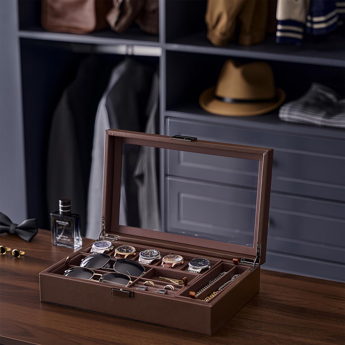 ProCase Men's Jewelry Box, 5-Slot Wood Watch Display Case Jewellry Storage Organizer for Sunglasses Rings Accessories with Hidden Compartment, Watch Holder with Glass Lid, Gift for Men -Espresso