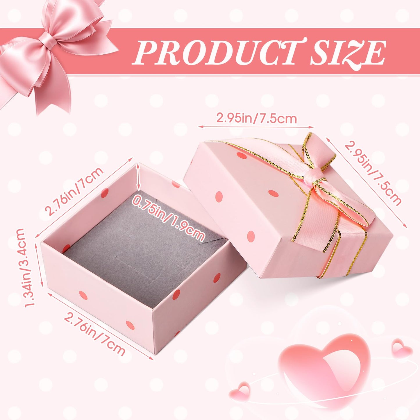 Nosiny 60 Pcs Pink Jewelry Gift Boxes 3 Inch Cardboard Jewelry Packaging Boxes with Polka Dot Bow Bulk Gift Box Square for Necklace Bracelet Ring Badge Brooch Earring Selling Boutique Wedding Party