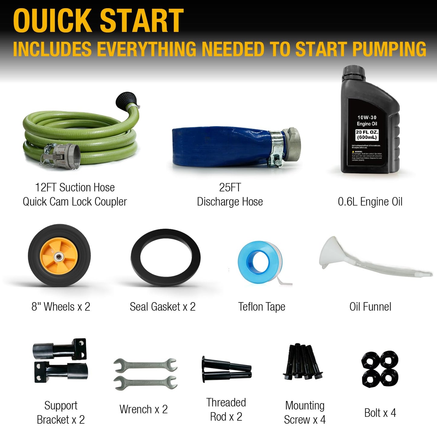 Poulan Pro Semi Trash Pump 2-Inch with Hose Kit, 50ft Discharge Hose, 12ft Suction Hose, 100ft Lift, 23ft Suction Gas Powered Water Pump with Wheels & Handle for Pond, Sewage, and Pool