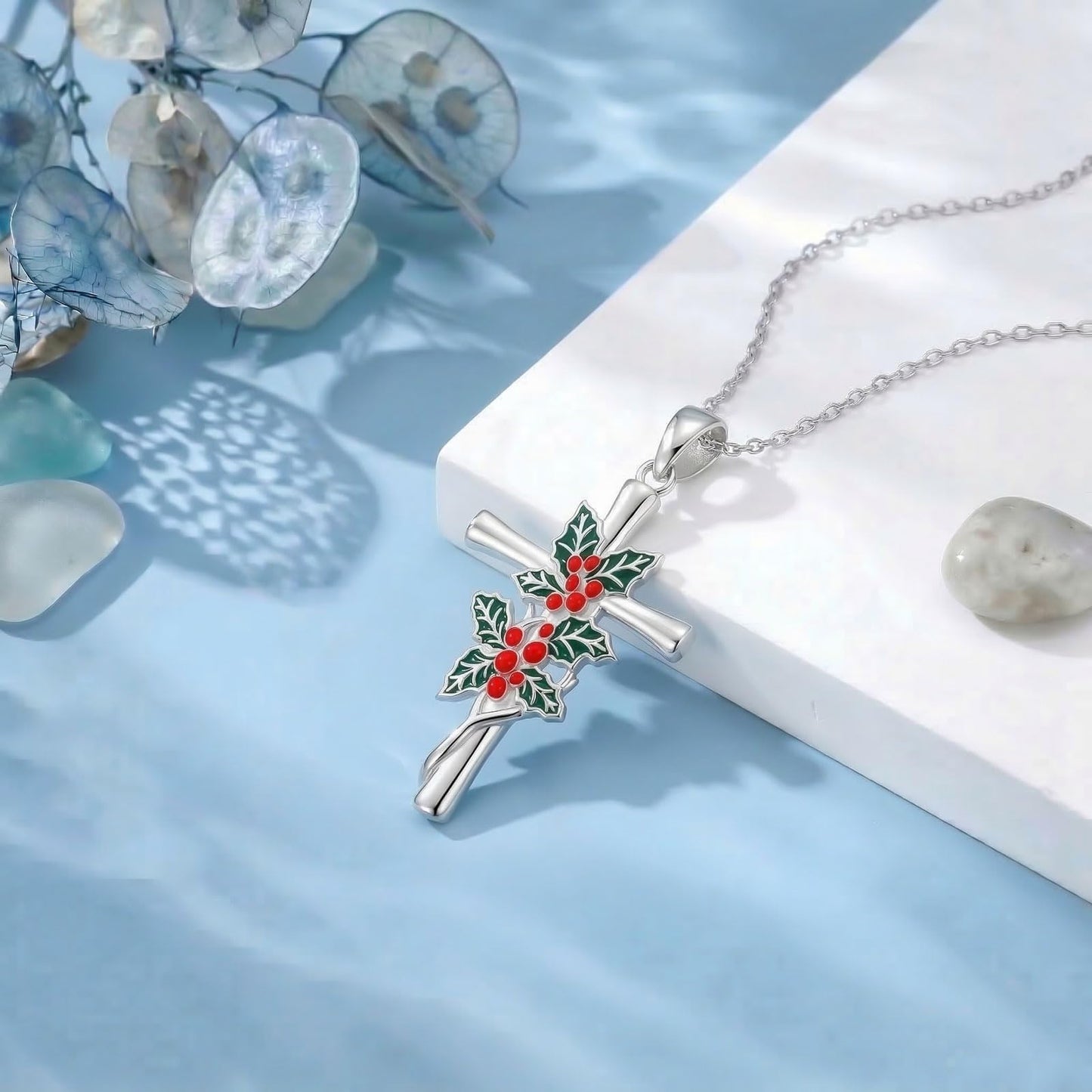 Cargari Holly Cross Necklace for Women 925 Sterling Silver Holly Cross Pendant Necklace Christmas Floral Jewelry Gift for Women