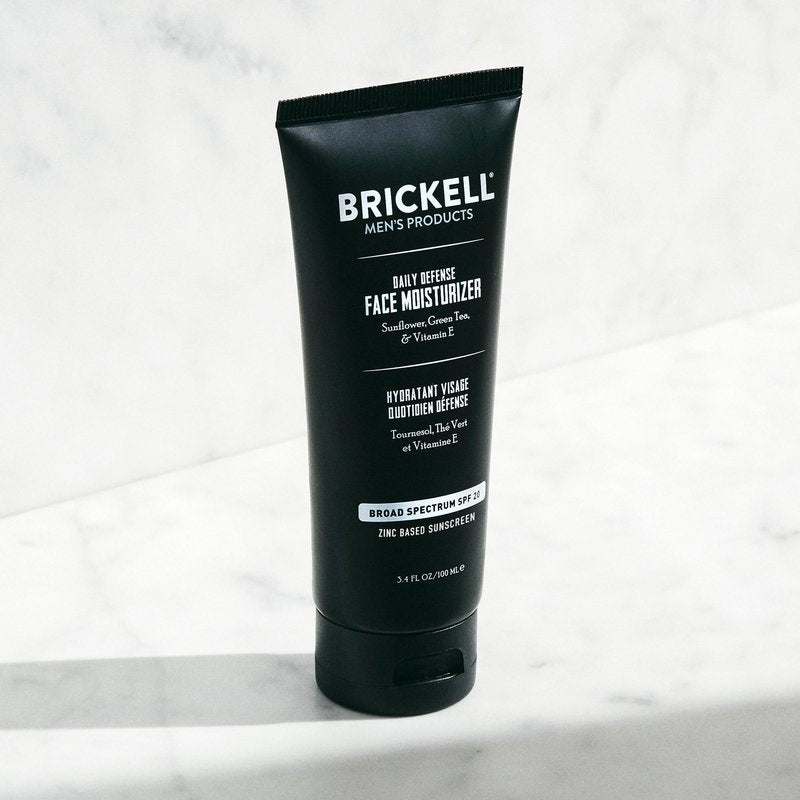 Brickell Men's Daily Defense SPF20 Face Moisturizer for Men, Moisturizing Mineral Sunscreen, Hydrates & Protects Skin Against Harmful UVA/B Rays, With Zinc, Green Tea, & Vitamin E, 3.4oz, Unscented
