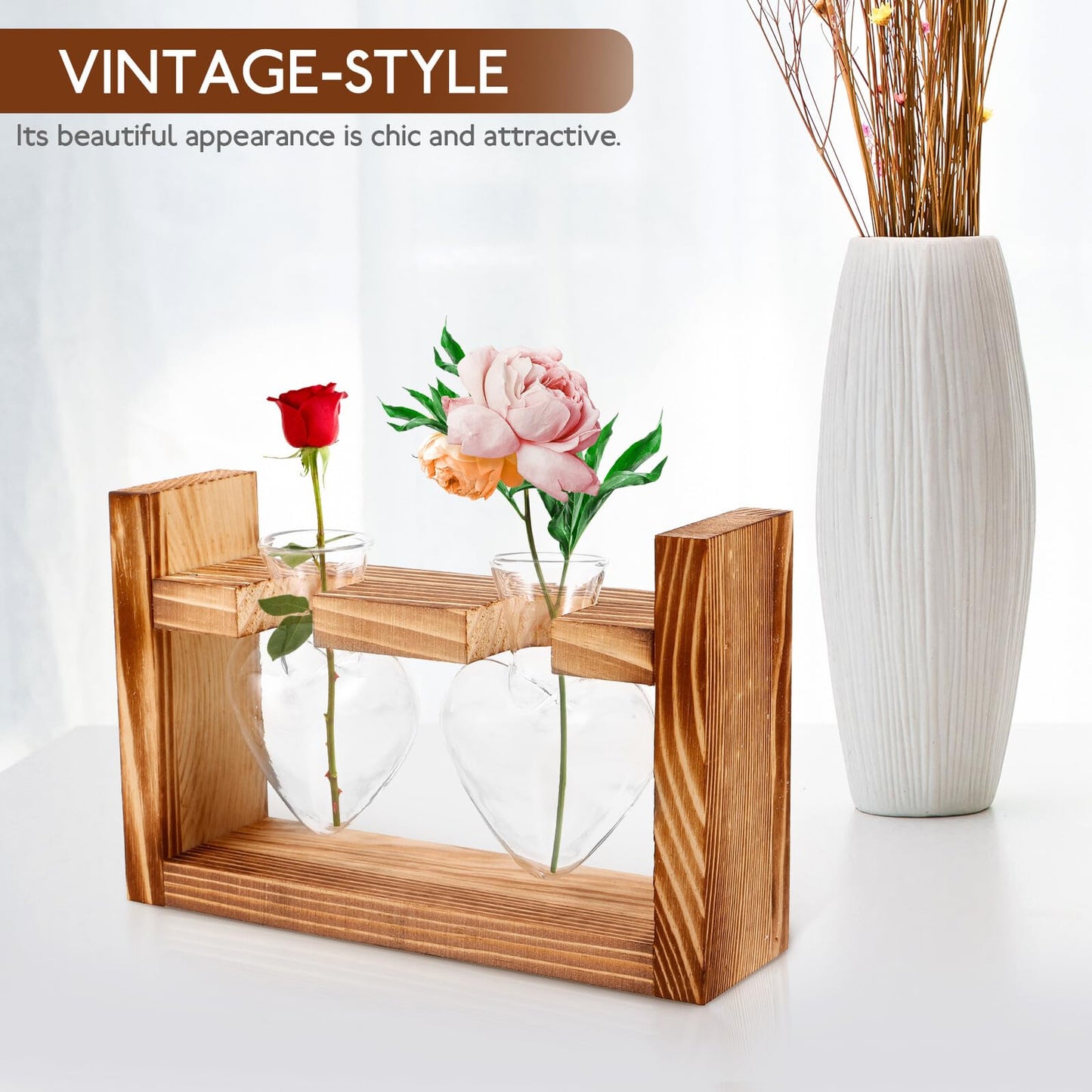 Abaodam Heart Shaped Hydroponic Glass Vase with Wooden Frame Stand, Desktop Plant Propagation Station for Indoor Terrarium and Flower Centerpiece Decor