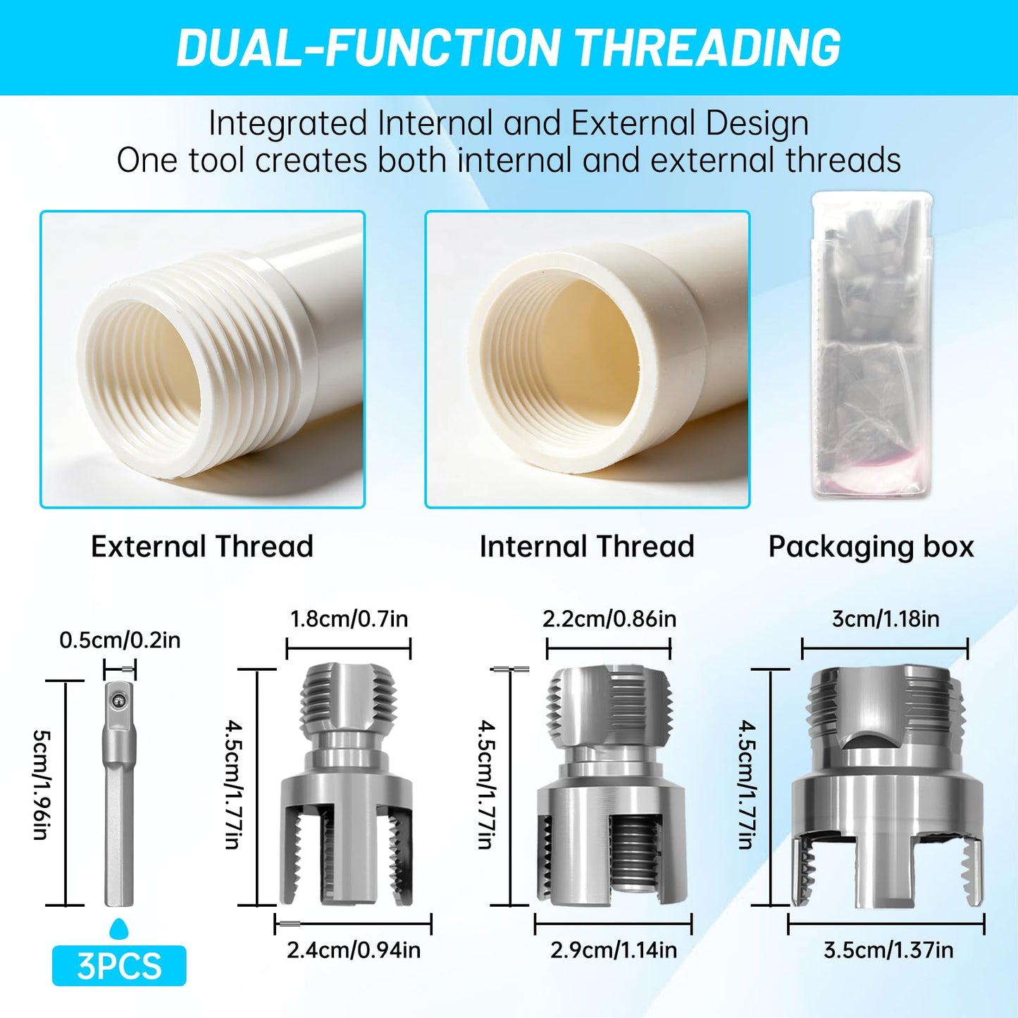 3pcs Pvc Pipe Threader Kit,Dual-Function Integrated Internal & External Pipe Threading Tool For 1/2" & 3/4"& 1" Pvc/Plastic Pipes,Electric Drill Compatible For Home Repair(1/2"+3/4"+1")
