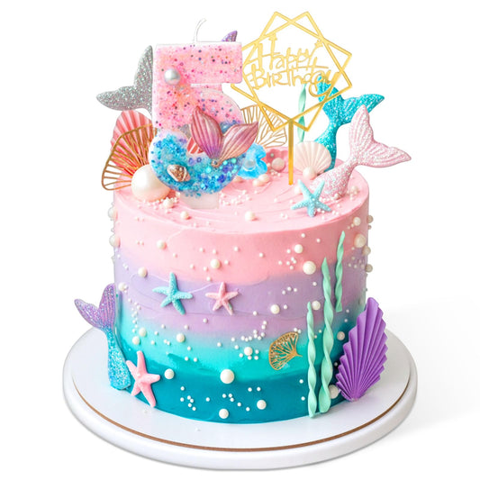 Acellegic 32 Pcs Mermaid Cake Toppers Under the Sea Cake Decor Sets Mermaid Tails Seaweeds Bubbles Shells Golden Ginkgo Leaves Birthday Card Candle for Birthday Wedding Party Supplies(Number 5)