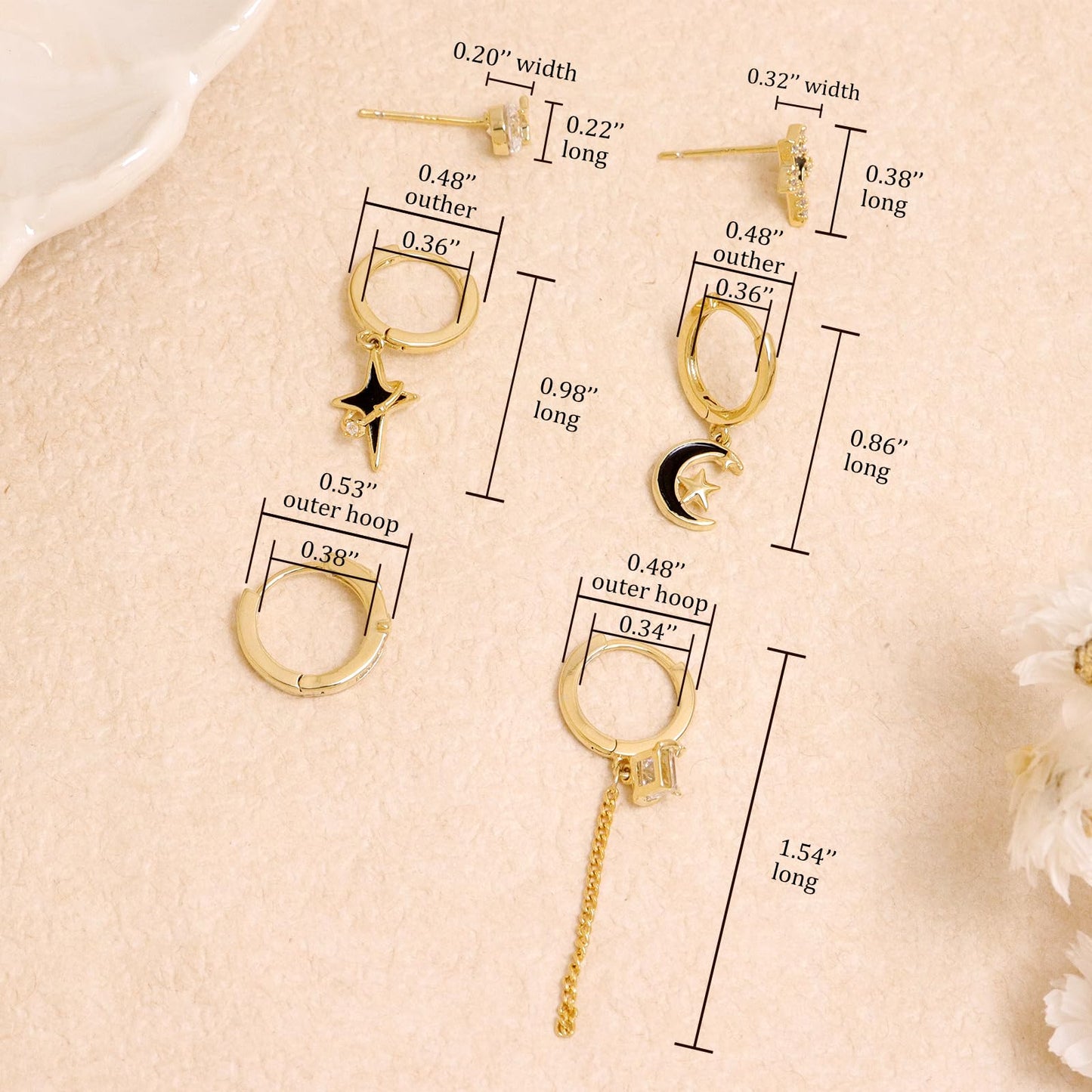Frigotine 3PCS Gold Star Hoop Stud Earrings Stack Set for Women, Dainty Rhinestone Star Black Enamel Moon Planet Tassels Multiple Piercing Cartilage Prom Fashion Jewelry Gift