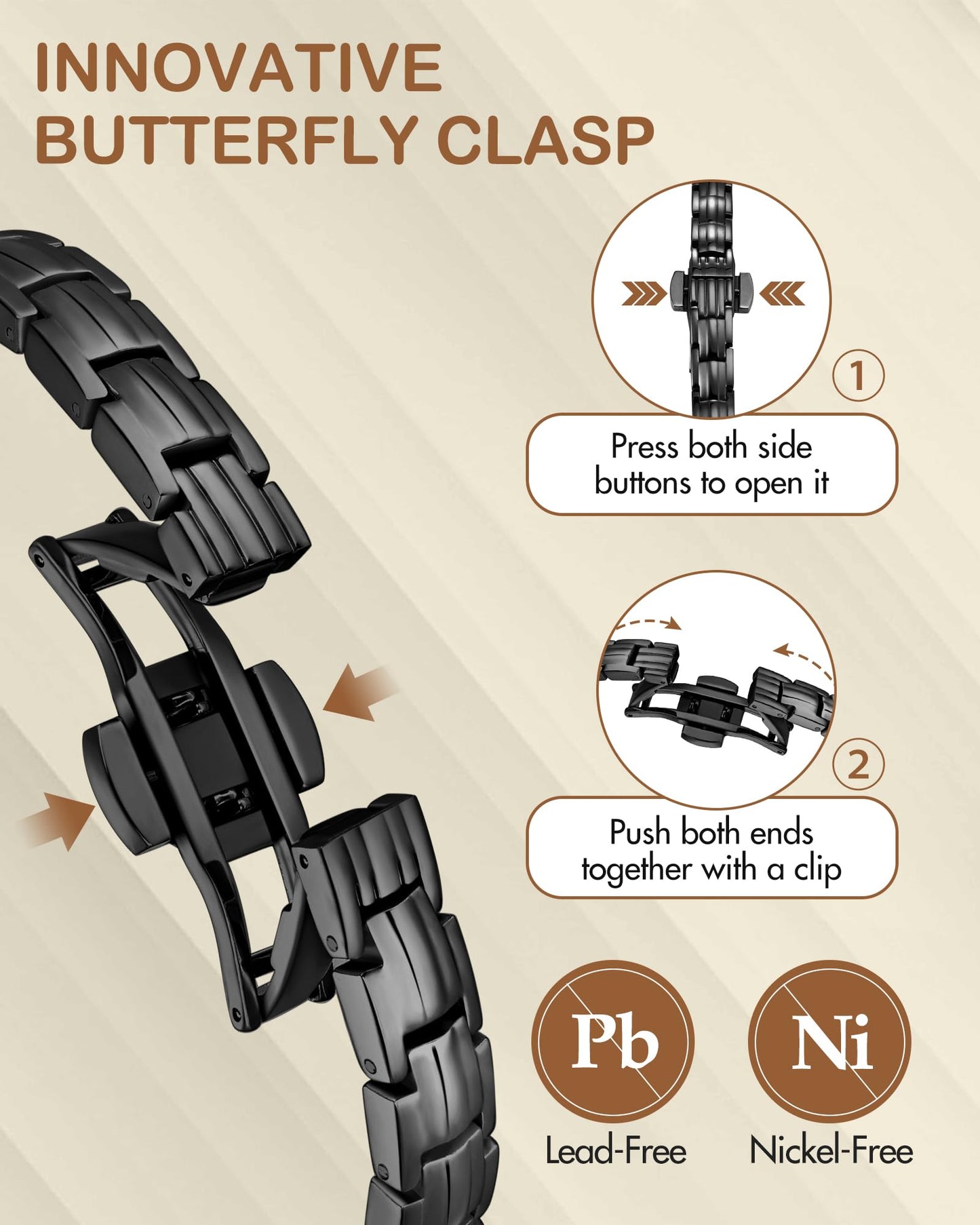 Feraco 5X Strength Magnetic Bracelets for Women, Stainless Steel Magnet Bracelet with Ultra Powerful 5000 Gauss Magnets, Upgraded Butterfly Clasp, Adjustable Jewelry Gift (Black)