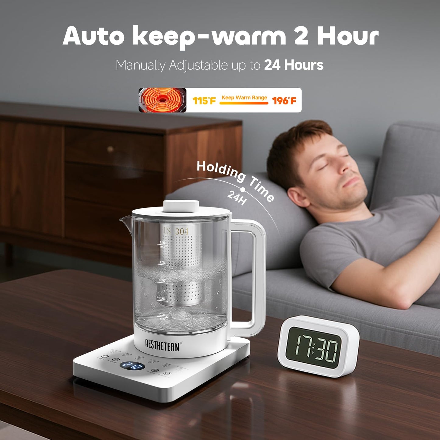 Electric Tea Kettle with Infuser, 1.5L Glass Water Boiler with Temperature Control, 24H Keep Warm & Auto Shut-Off, White