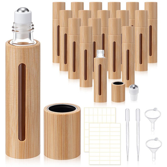 BrightRow 18 Pcs 10ml Bamboo Roll on Bottles for Essential Oils, Empty Bottles with Stainless Steel Roller Balls with Funnels, 3ml Droppers and Stickers