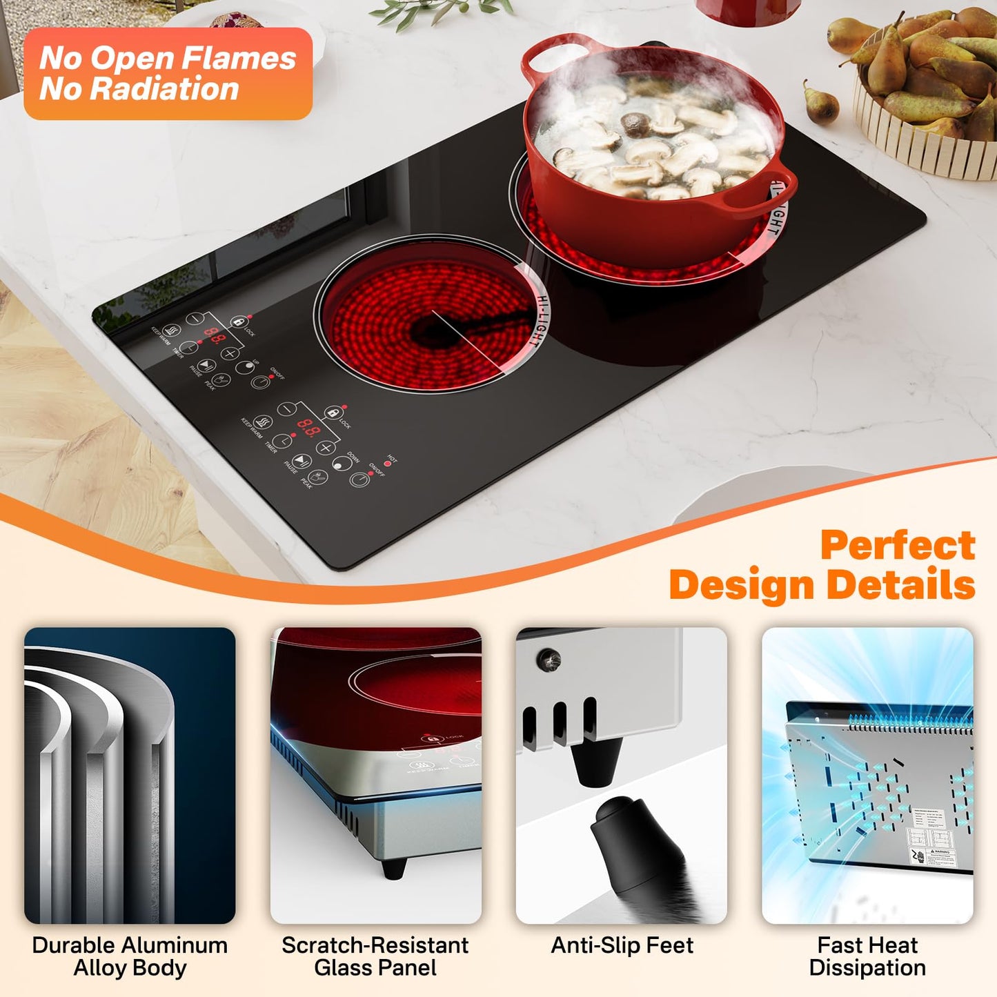 Alemania 12 inch Electric Cooktop 2 Burner Infrared Stove, 2000W Plug in Hotplate Double Heating Elements Stove for Cooking, 120V Ceramic Hot Plate, Built-in and Countertop Compatible