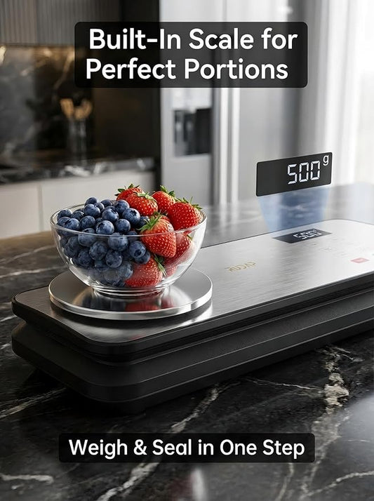 Vacuum Sealer for Food, 90kPA Powerful Food Saver Vacuum Sealer Machine with Digital Kitchen Scale, 12-in-1 Food Vacuum Sealer with Dry & Moist Food Modes, 10 pcs & 1 Roll Vacuum Bags, Starter Kits