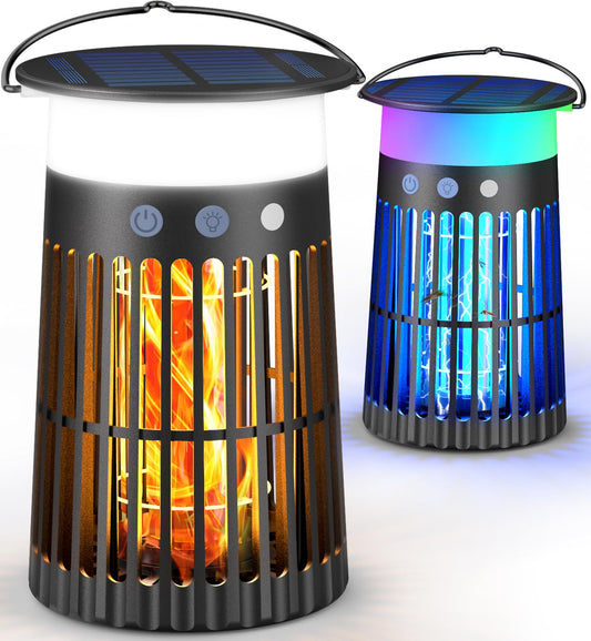 2 Pack Solar Bug Zapper Outdoor, Portable Electric Mosquito Killer Waterproof, Rechargeable Insect Trap with LED Night Light and Flame Effect, Ideal for Outside Patio, Backyard, and Camping