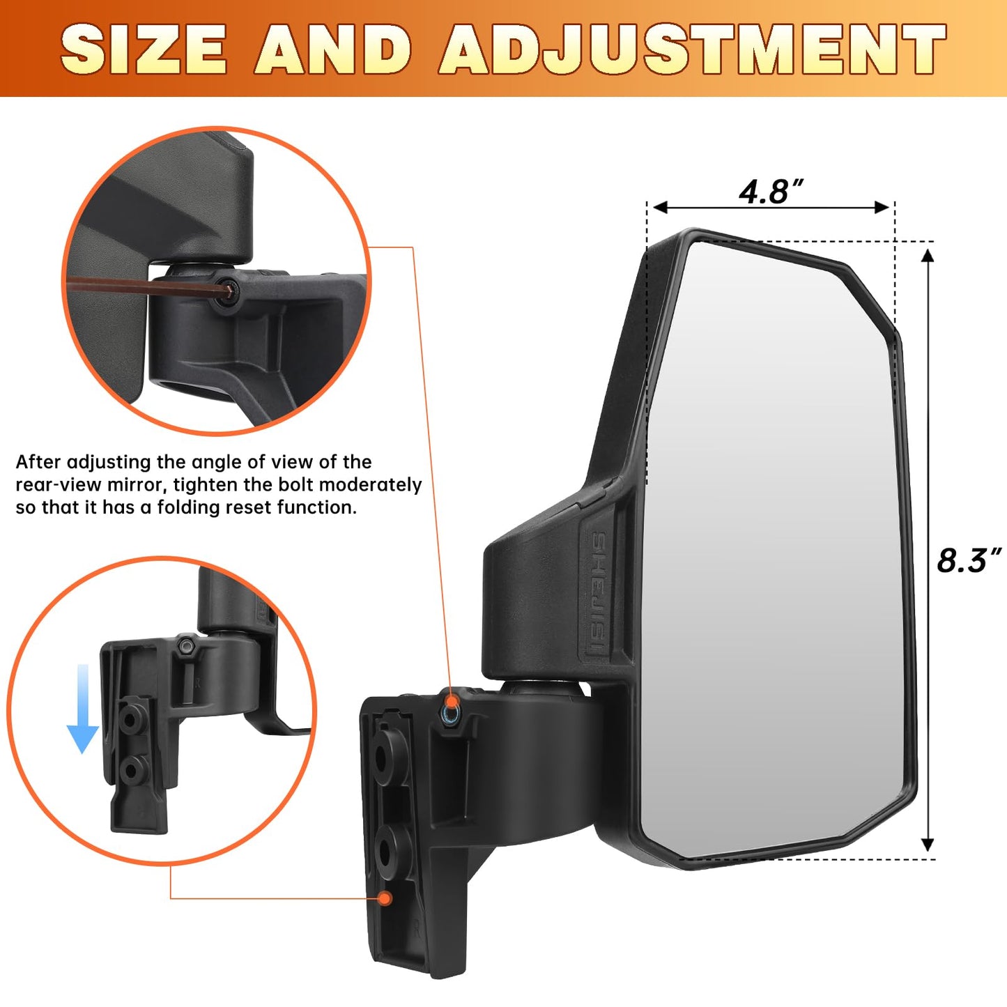 SHEJISI UTV XD 1500 Side Mirrors Door Mounted | UTV Mirrors – Compatible Only with Polaris Ranger 1500 XD/Crew, Its Spring-Back Feature Enables Easy Post-Folding Reset for Improved Driving Experience