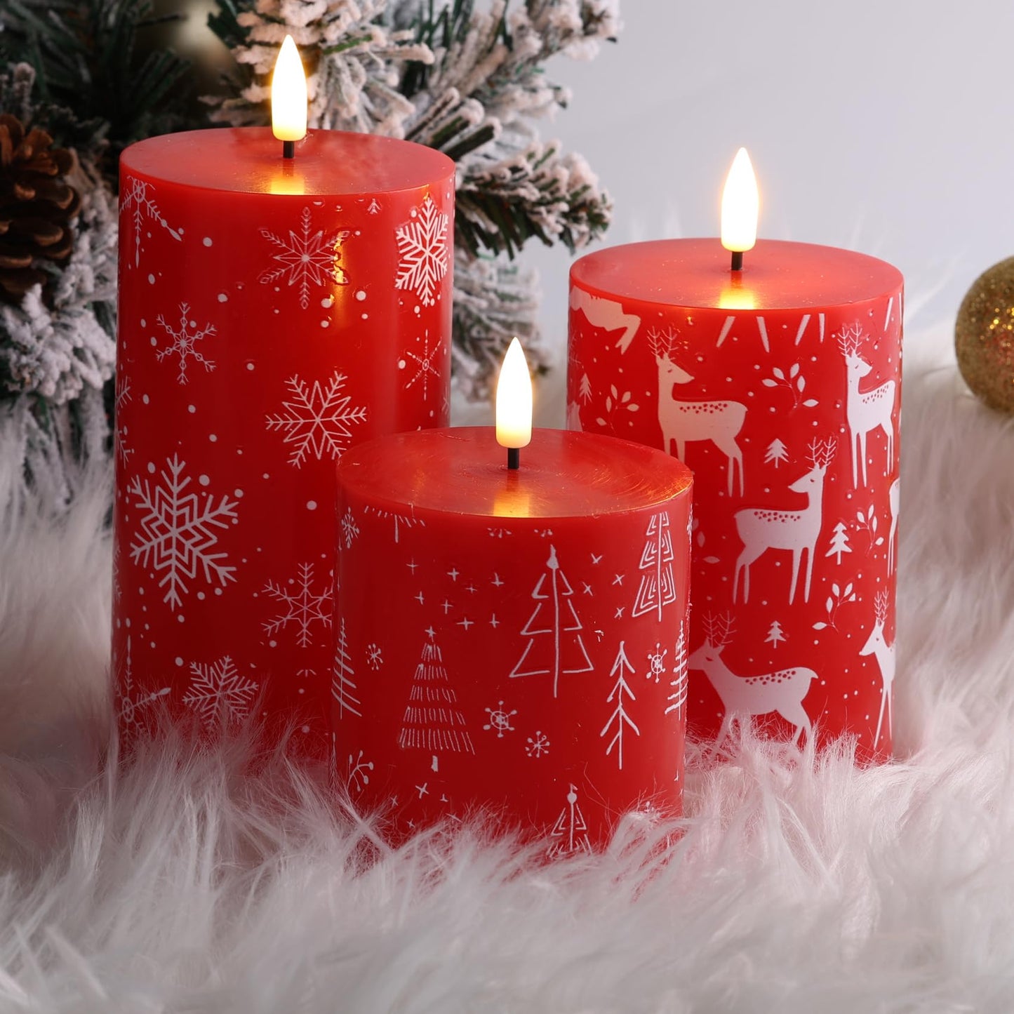 Eywamage Red Christmas Flameless Pillar Candles with Remote, Reindeer Snowflakes Tree LED Battery Candles Holiday Decor Gift Set of 3