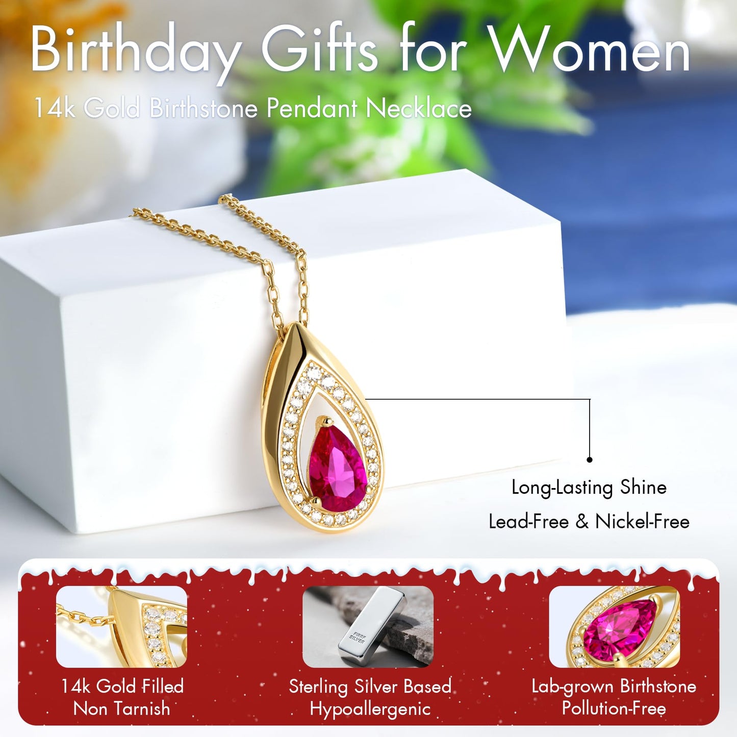 Kstyle 14k Gold Ruby July Birthstone Pendant Necklaces for Women Valentine's Day Birthday Gift Anniversary Jewelry for Wife Daughter Grandma Mom Sister Non Tarnish