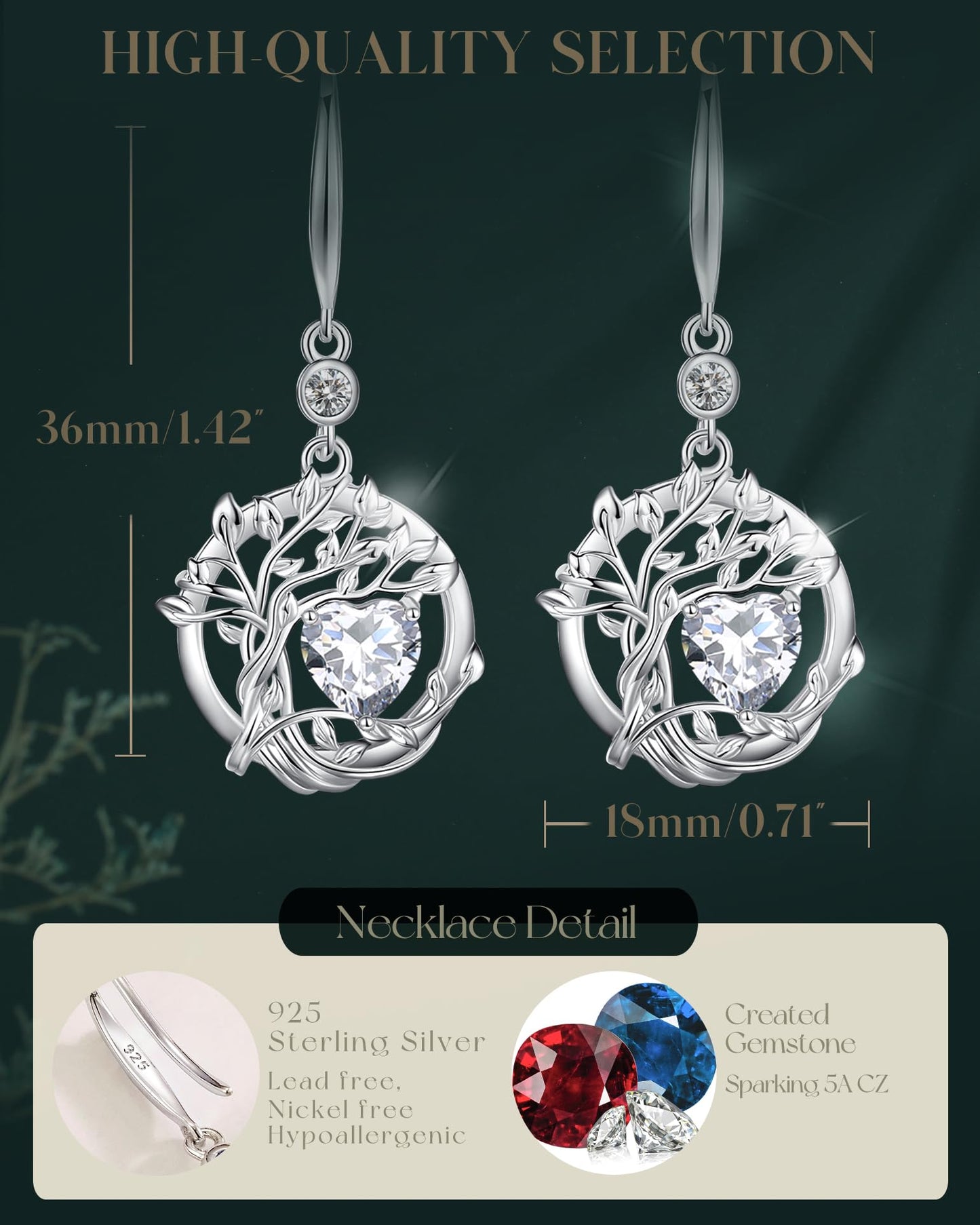 FANCIME Tree of Life Earrings 925 Sterling Silver Dainty CZ Cubic Zirconia Dangle Drop Simulated Diamond Earring April Birthstone Fine Jewelry Birthday Mothers Day Gifts for Mom Her Women