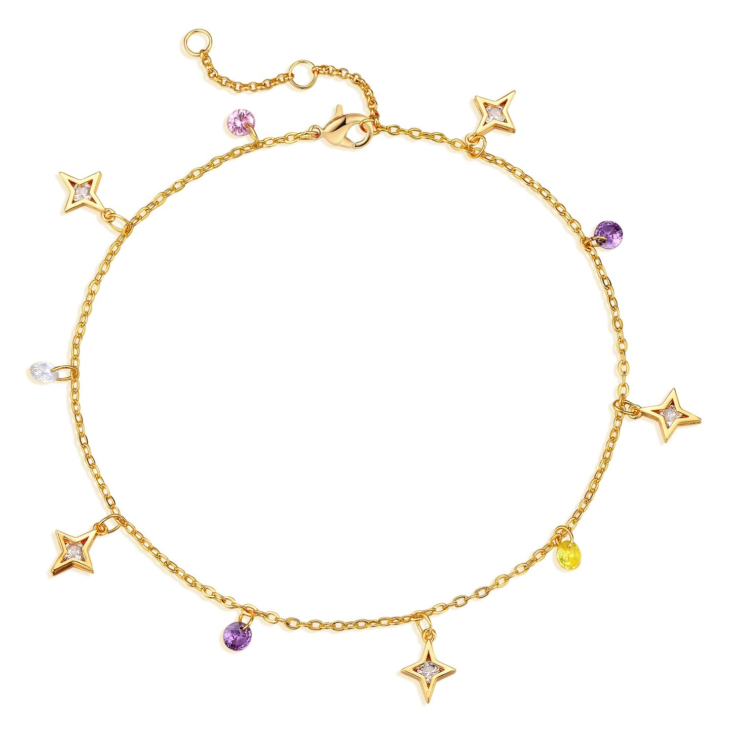 MTMY Gold Anklets for Women 14K Gold Plated Colorful Cubic Zirconia Tassel Foot Chain Dainty Cute Summer Beach Boho Anklets Jewelry Gift (cz star tassel)