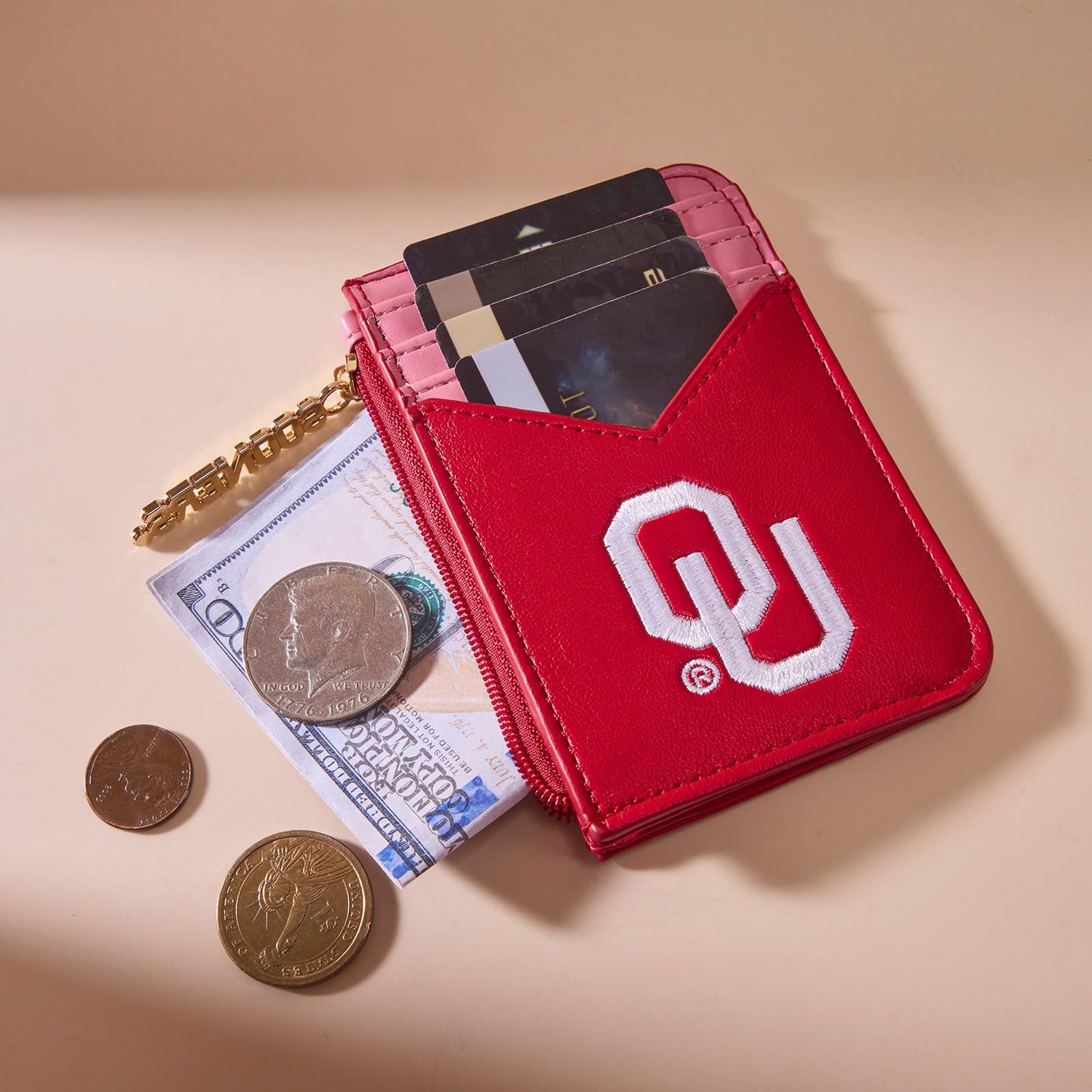 Montana West Oklahoma Sooners Slim Wallet, Card Holder with RFID Blocking, OU Team Slim Wallets for Gift, Game Day & Concert Essential, Zipper Closure, Red, NC-OU021BDY