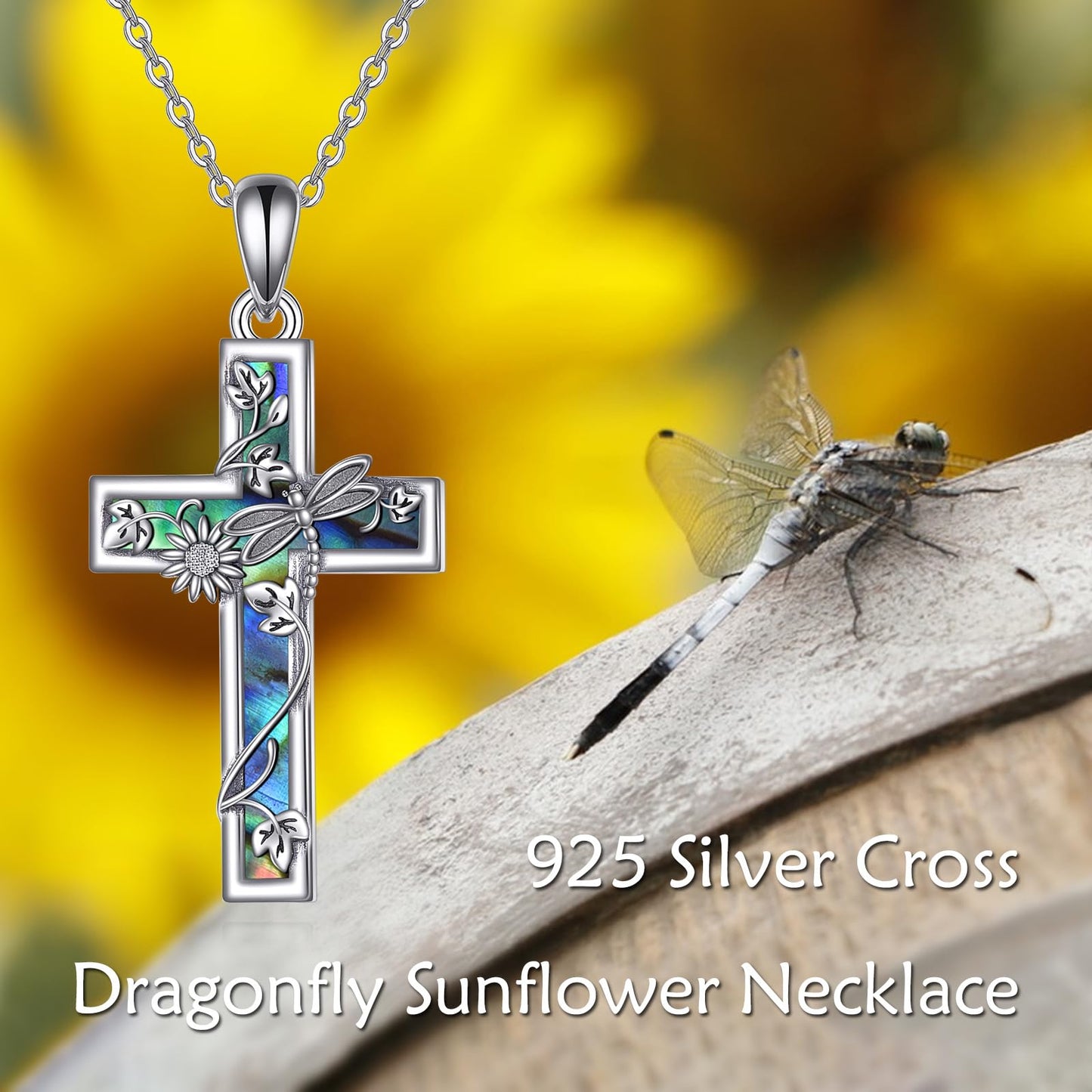 YFN Sunflower Cross Necklace Sterling Silver Dragonfly Cross Pendant Abalone Shell Jewelry Religious Christian Baptism Gifts for Her Women
