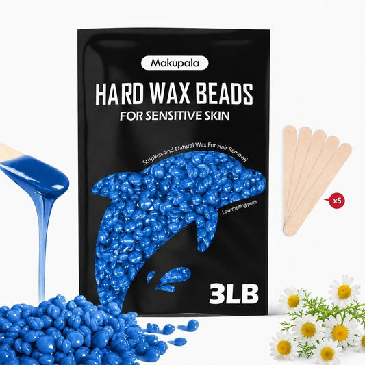 3LB Hard Wax Beads for Hair Removal, Blue Professional Stripless Wax for Coarse Hair, Bikini Brazilian Body Face, Sensitive Skin, Chamomile Scented, Salon & Home Waxing Refill with 5 Sticks