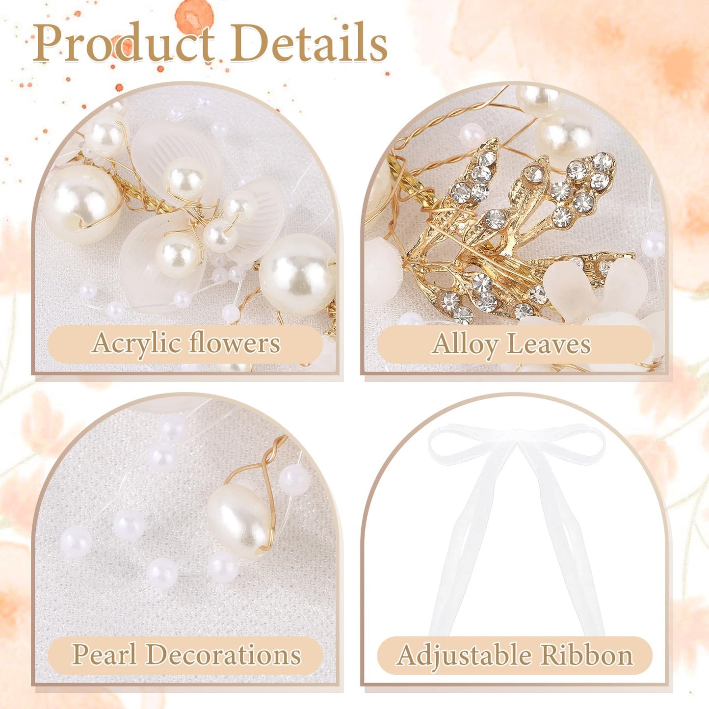 Semato 2 Pcs Flower Girl Headpiece for First Communion Headpiece Princess Tiara Crown with Rhinestone and Pearl Headband Floral Wedding Prom for Girls and Women (Gold)