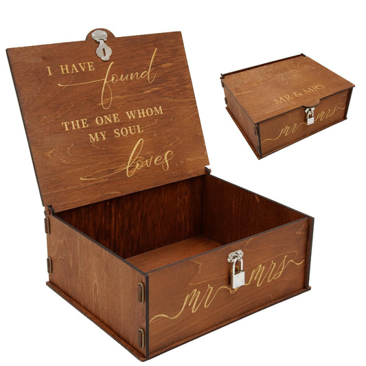 AerWo Mr and Mrs Wedding Keepsake Box, Large Wooden Storage Box with Lid and Lock, Assembled Keepsake Memory Box for Anniversary Engagement Gift, Wedding Memory Box for Couples Newly Engaged
