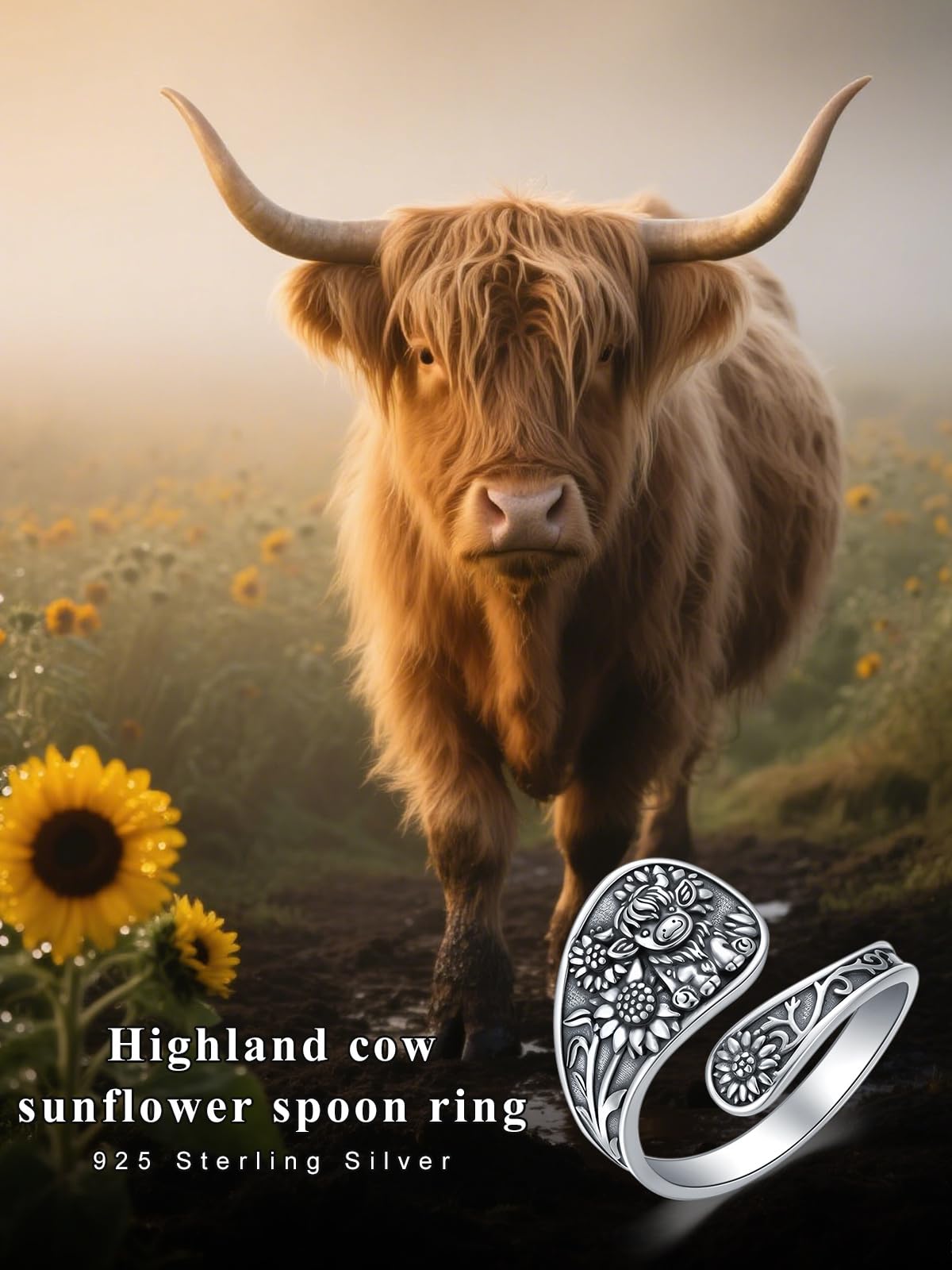 Midari Spoon Rings for Women 925 Sterling Silver Sunflower Highland Cow Rings Adjustable Vintage Finger Thumb Rings Highland Cow Jewelry for Women Daughter Birthday Christmas Gifts