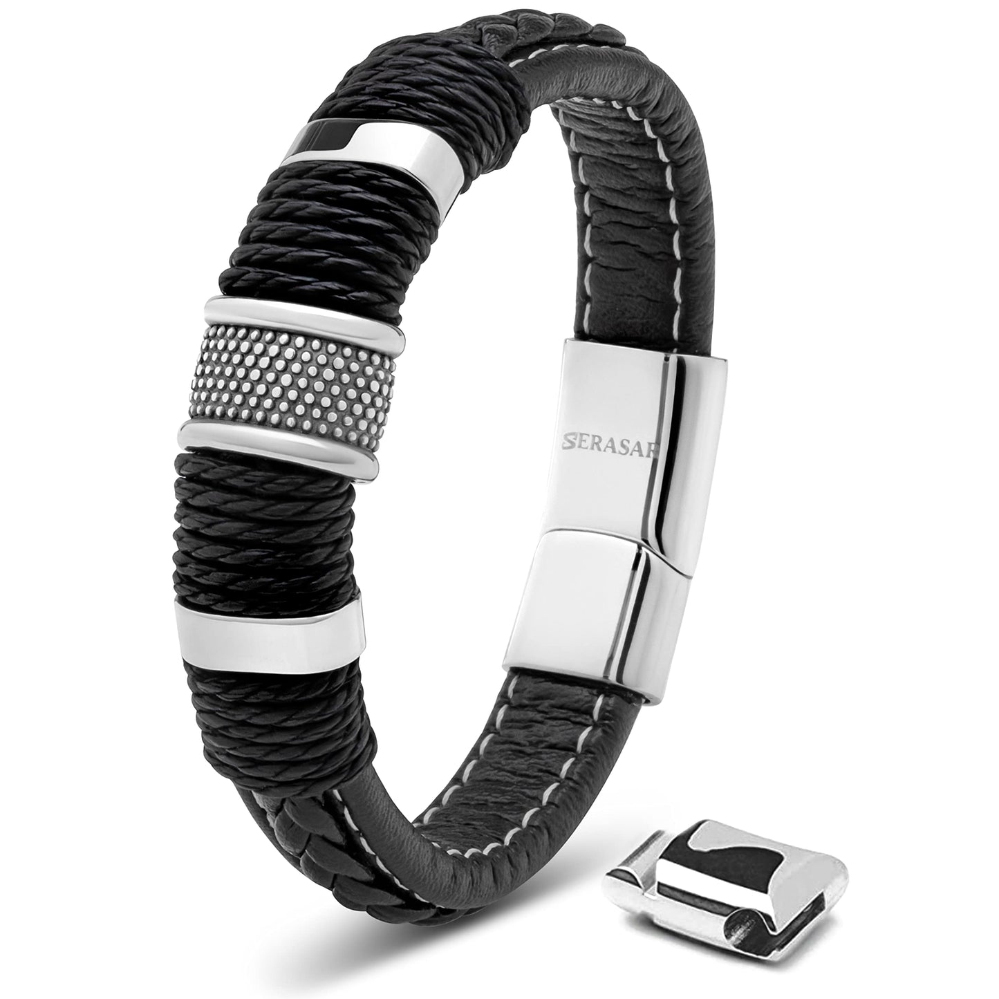 SERASAR Mens Silver Bracelets 23cm Bracelet Men Gift Box Genuine Leather Cowhide Braided Magnetic Clasp Multi Layer Wrap Rope Man Mans Male Band Jewelry Magnet Accessories
