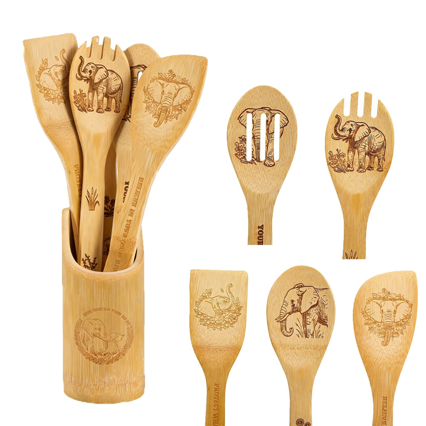 Bamboo Spoons for Cooking as Elephant Gifts for Women, 6 PCs Kitchen Utensils Set with Holder as Elephant Gifts, Wooden Cooking Utensils Set Home Decor, Birthday Housewarming Gifts for Women