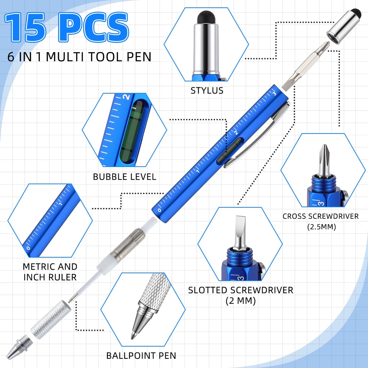 Maitys 30 Pcs Multi Tool Pens for Father's Day 6 in 1 Screwdriver Multi Function Pens with Level Gauge Stylus Phone Holder Pen for Father's Day Dad Husband Adult Men Bulk Gifts