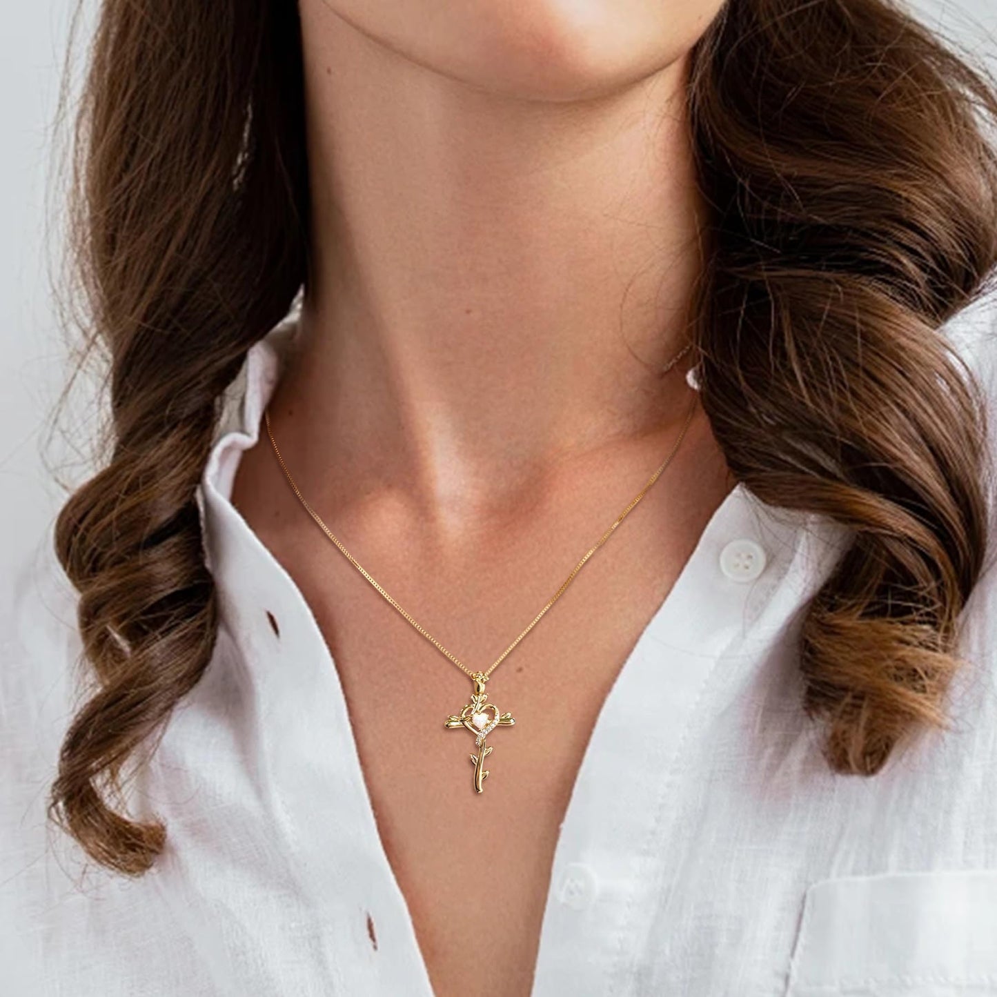 STARCHENIE Rose Cross Necklace, 925 Sterling Silver 14K Gold Plated, Created Opal Heart Pendant, Crucifix Jewelry Gift for Women