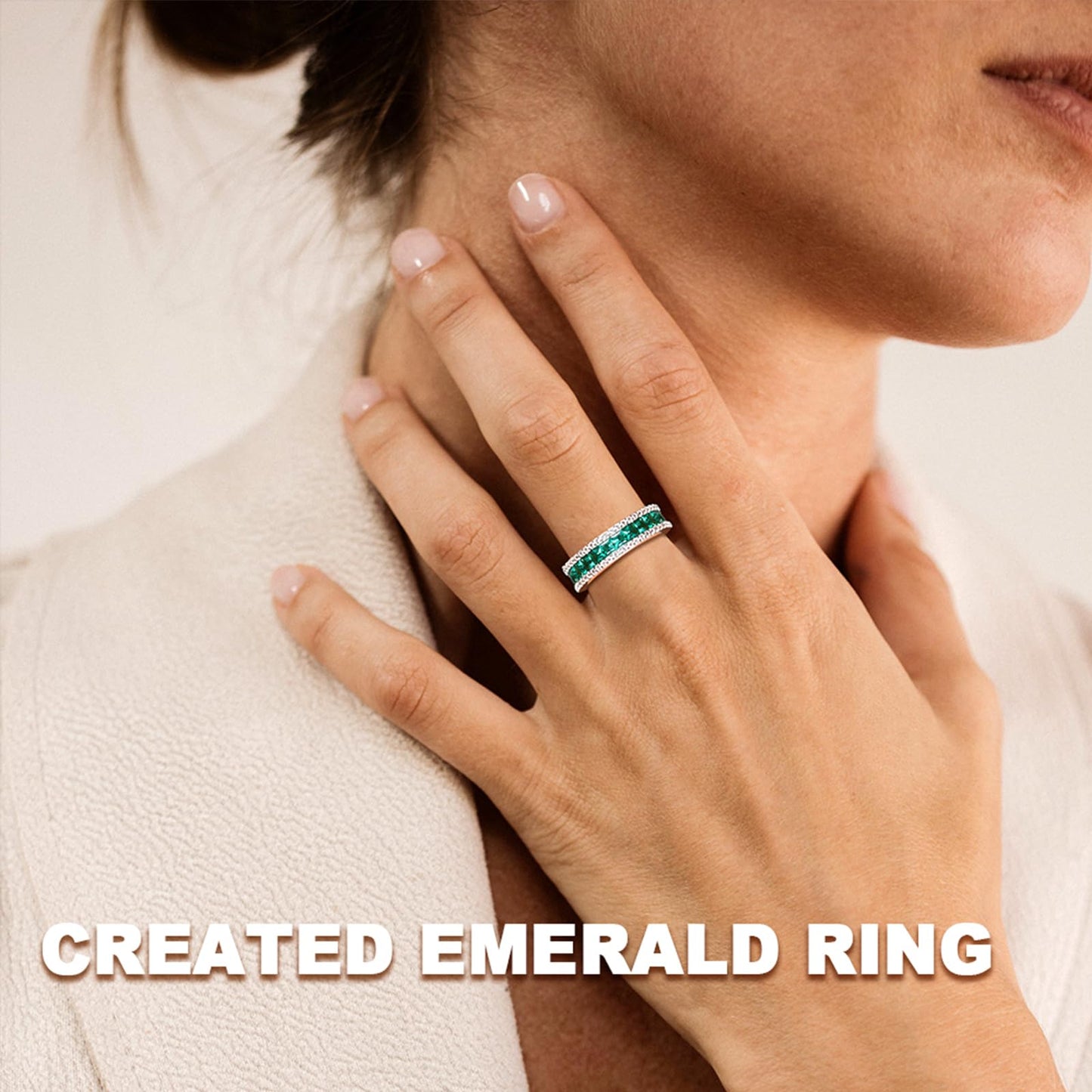 RANDES Womens Emerald Ring Channel Set Wedding Band White Gold Plated Sterling Silver Princess Cut 5mm Thick Eternity Rings Green Stone Ring Size 9