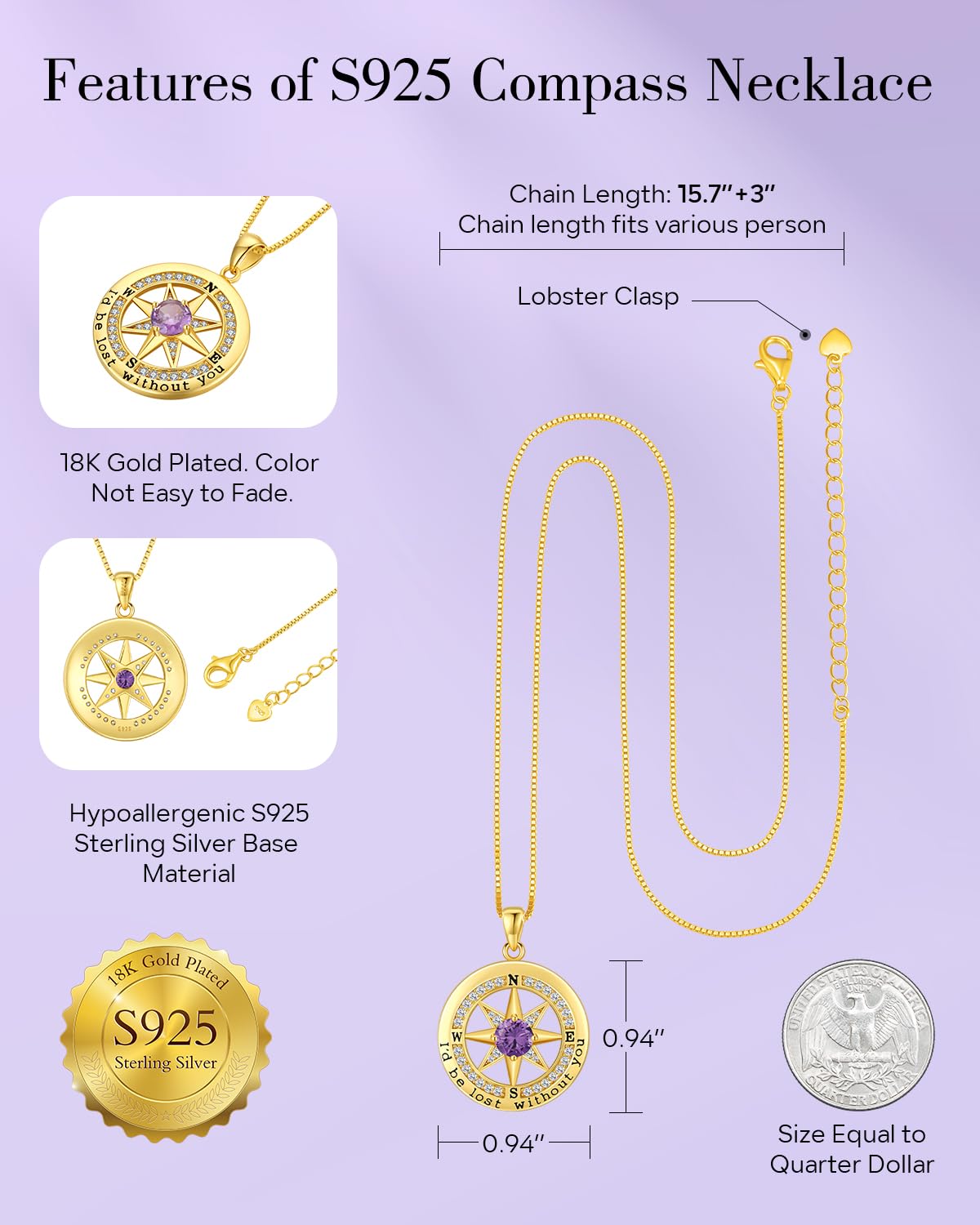 S925 Necklace Gift for Wife |Compass Jewelry |Women Anniversary |Sterling Silver |Girlfriend Birthday Necklaces for Her Valentines |I'd be Lost without You |Jewel 18K Gold Feb 02