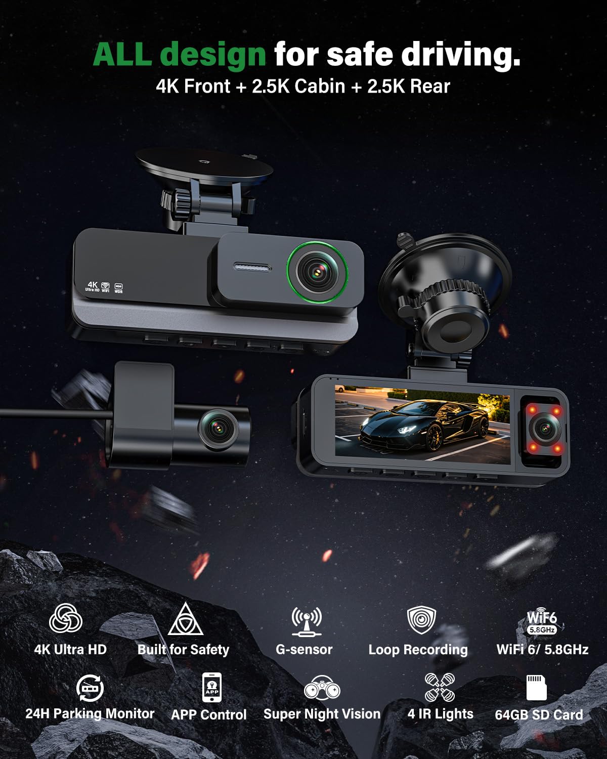 Nymzview 4K+2.5K+2.5K 3 Channel Dash Cam - Front/Rear/Inside - 5.8GHz WiFi 6 Dashcam with IR Night Vision, 64GB Card, 24H Parking Mode, G-Sensor - Car Dash Cam for Rideshare & Taxi