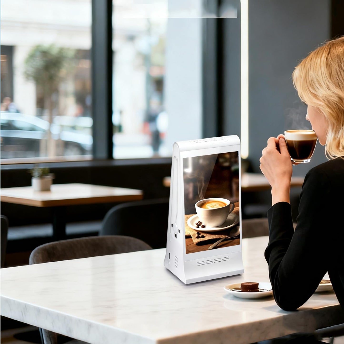 Digital Signage Display for Tabletop ,Interactive Digital Signage with Double 8 inch LCD Touch Screen and WIFI Connected,Rechargeable 23200mAh Battery,Portable Advertising Kiosk for Restaurants,Bar, Hotel ,Cafe (White)