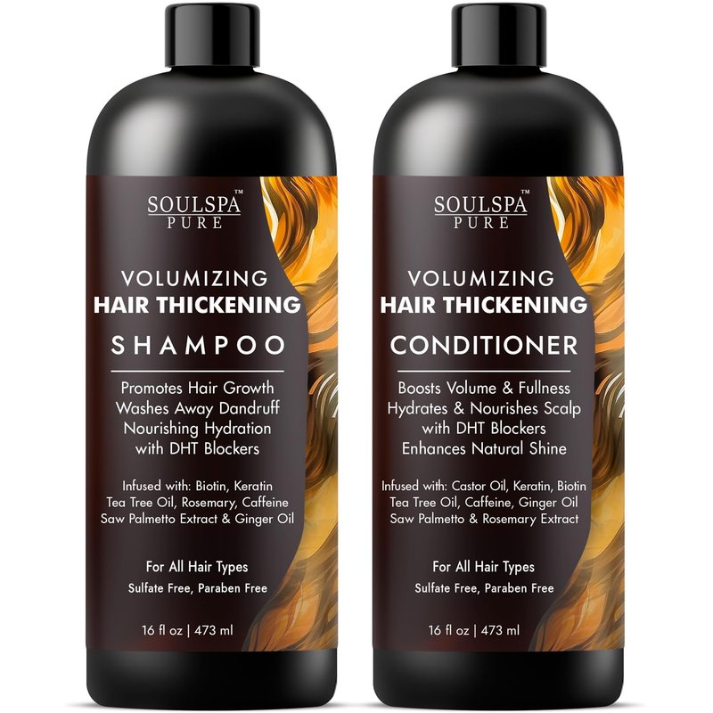 SOULSPA PURE Thickening Shampoo and Conditioner Set - Volumizing Formula with DHT Blockers, Biotin, Keratin, Caffeine & Saw Palmetto - Hair Thickening for Men & Women - 16 fl oz Each