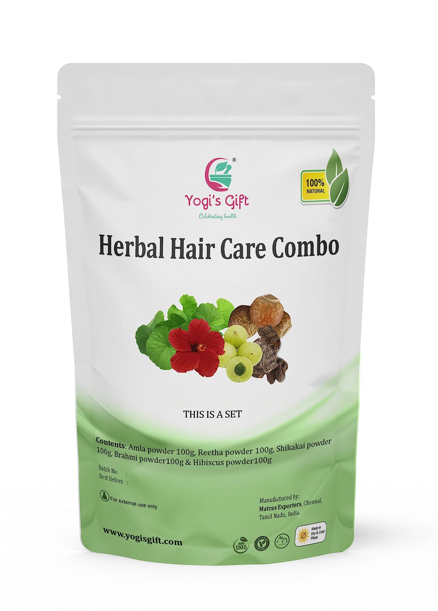 Herbal Hair Care Combo Pack (3.5oz Each, 500g), Pack of 5 Hair Mask with Ayurvedic Powders, Amla, Reetha, Shikakai, Brahmi, Hibiscus for Hair Growth, 17.65oz By Yogi's Gift®
