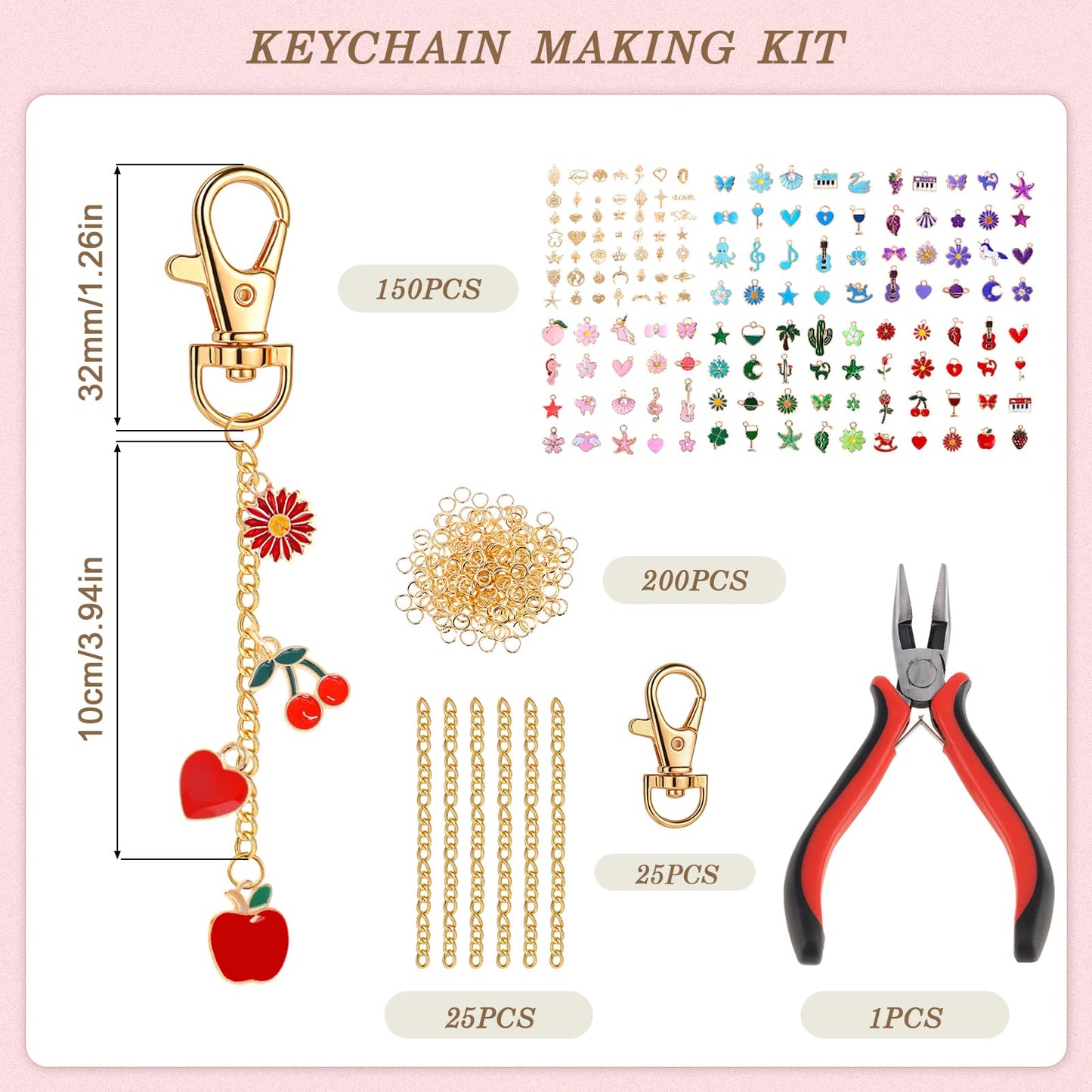 Pengxiaomei 401 Pcs Charms Jewelry Keychain Making Kits, Key Chains Women Cute Mothers Day Gifts Bag Charm Kit Including 150 Charms Keychains Making Supplies for DIY Crafting and Jewelry Gifts