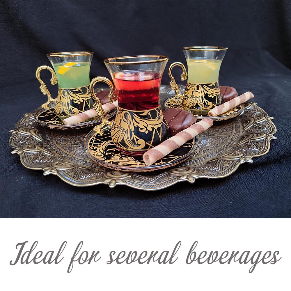 Vissmarta Gold Vintage Turkish Tea Glasses Cups and Saucers Set of 6 Drinking Glassware Party Adults Fancy Serving Coffee Tray Drinks Kettle Women Christmas Gift Teacup Handle Moroccan Drinkware Rim